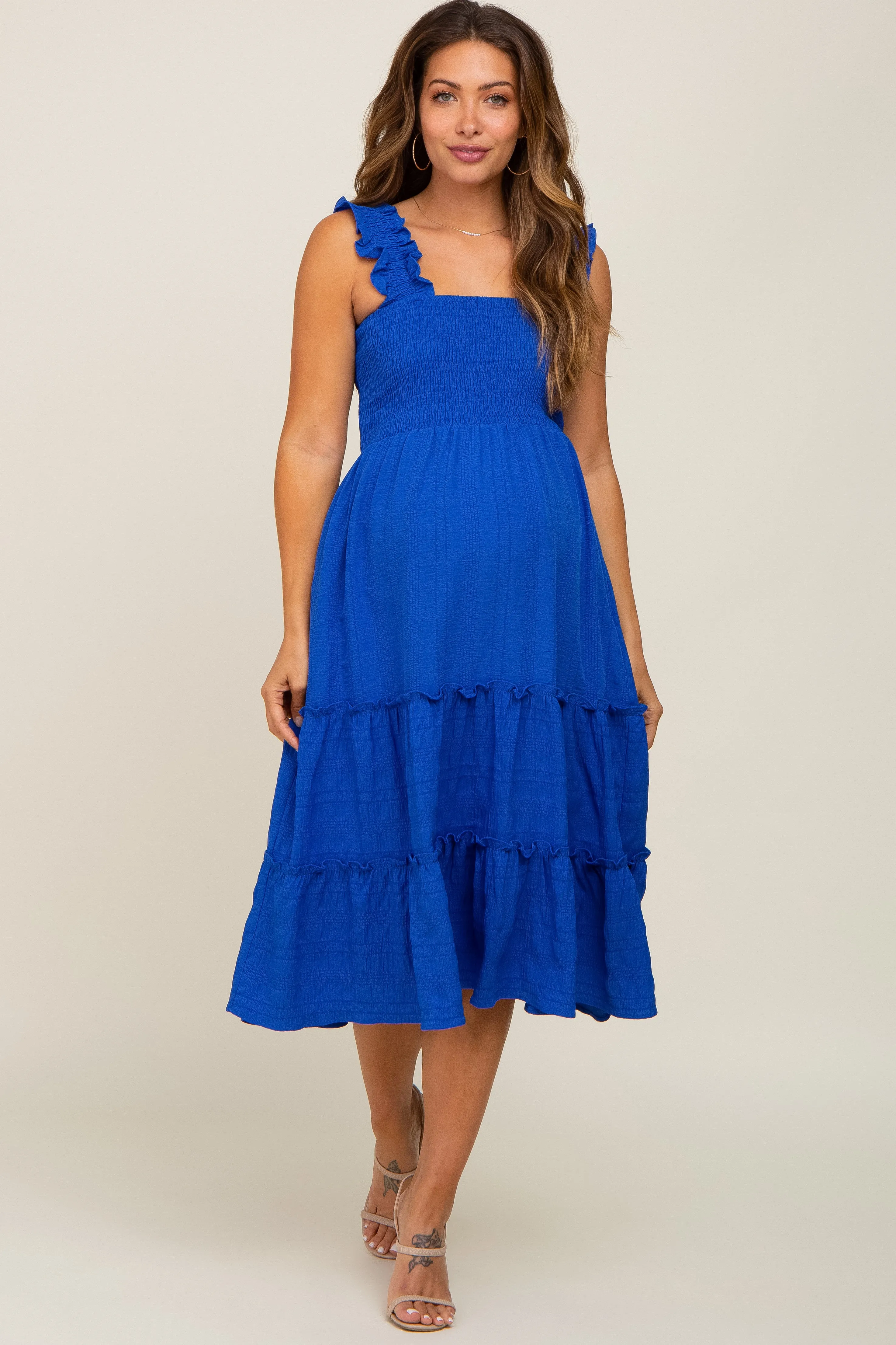 Royal Smocked Square Neck Ruffle Strap Tiered Maternity Midi Dress sold by Pinkblush product image thumbnail 4
