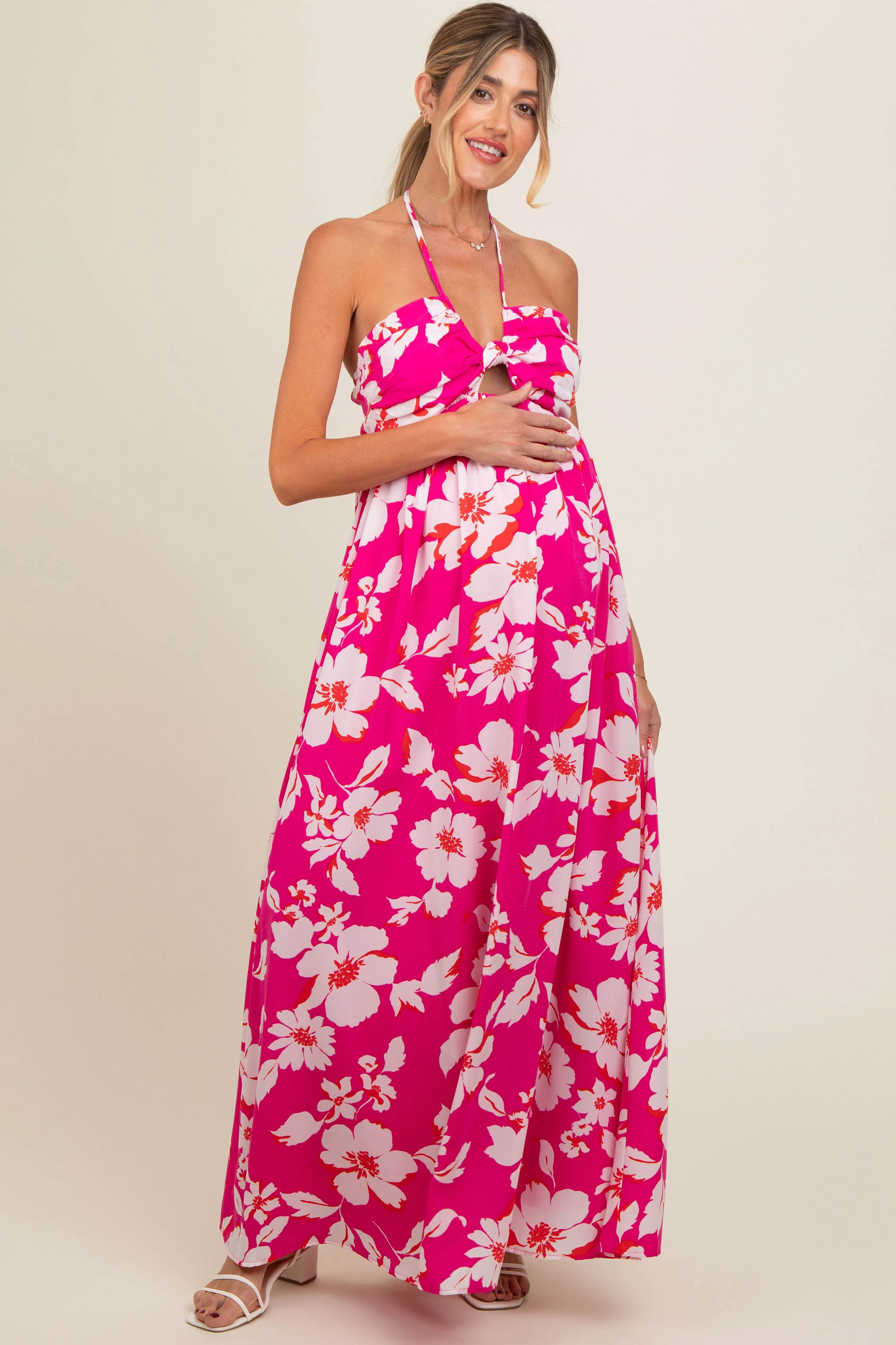 Fuchsia Floral Halter Neck Maternity Maxi Dress sold by Pinkblush