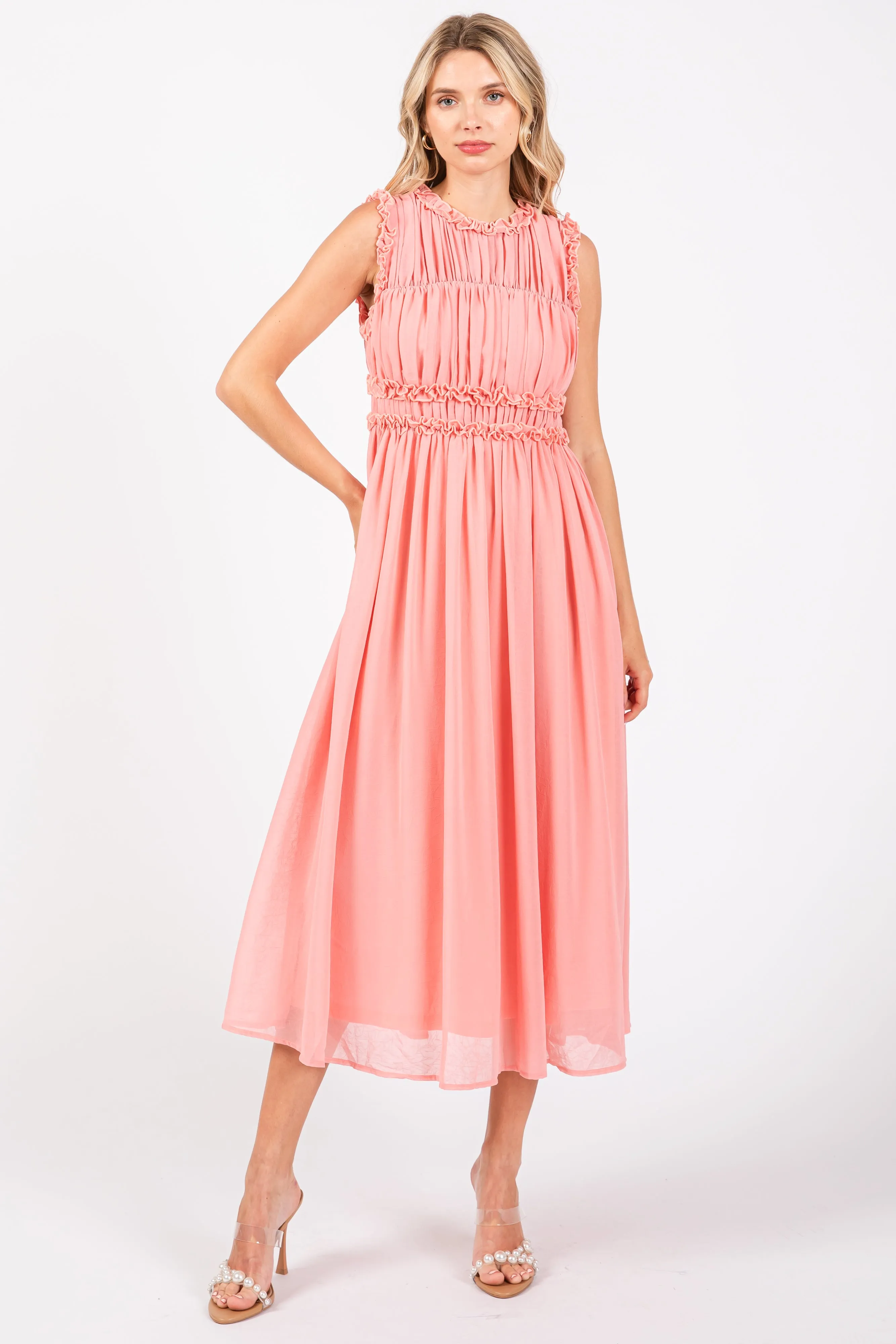Coral Chiffon Ruched Lettuce Edge Ruffle Midi Dress sold by Pinkblush product image thumbnail 2