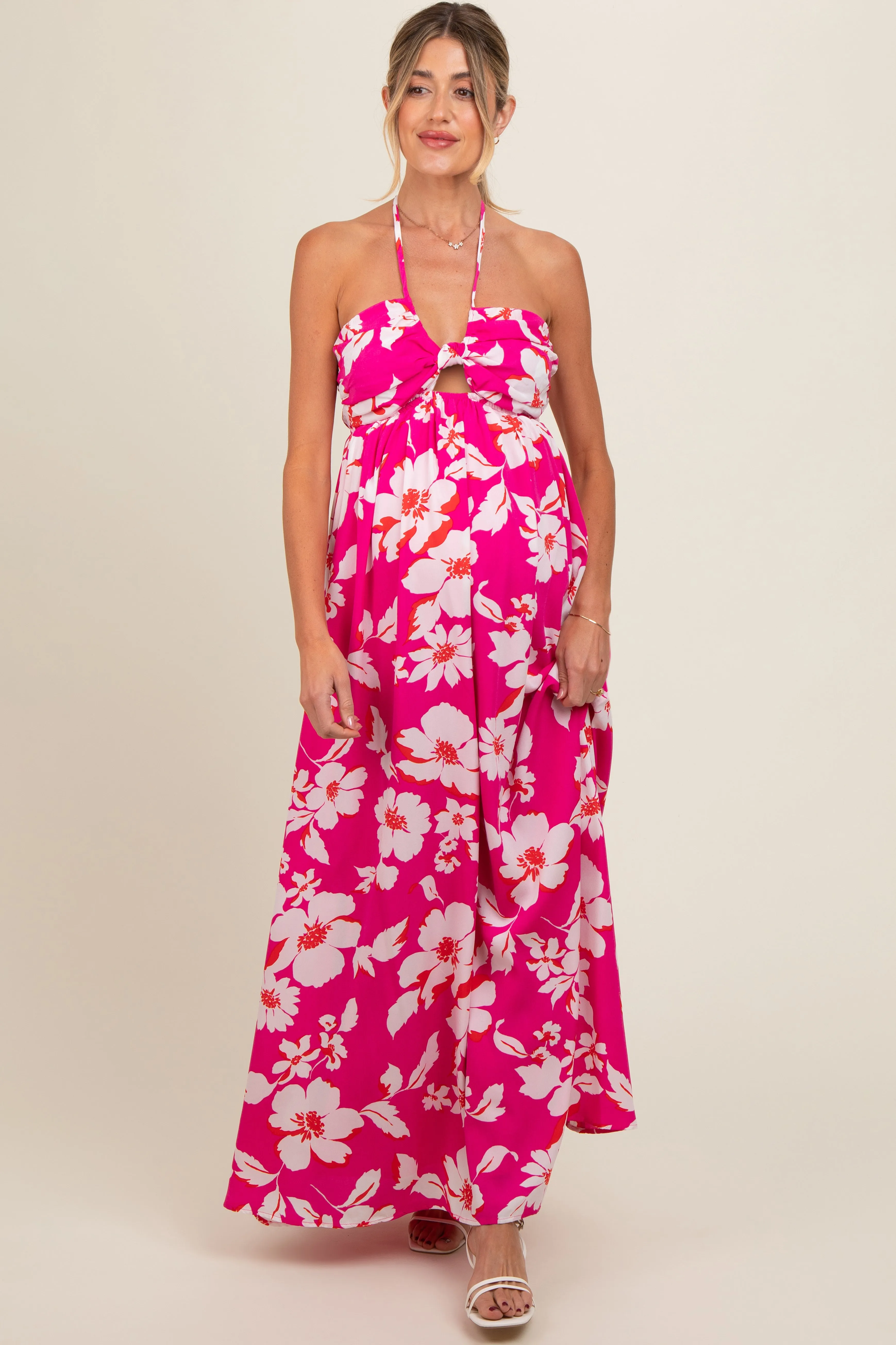Fuchsia Floral Halter Neck Maternity Maxi Dress sold by Pinkblush product image thumbnail 2