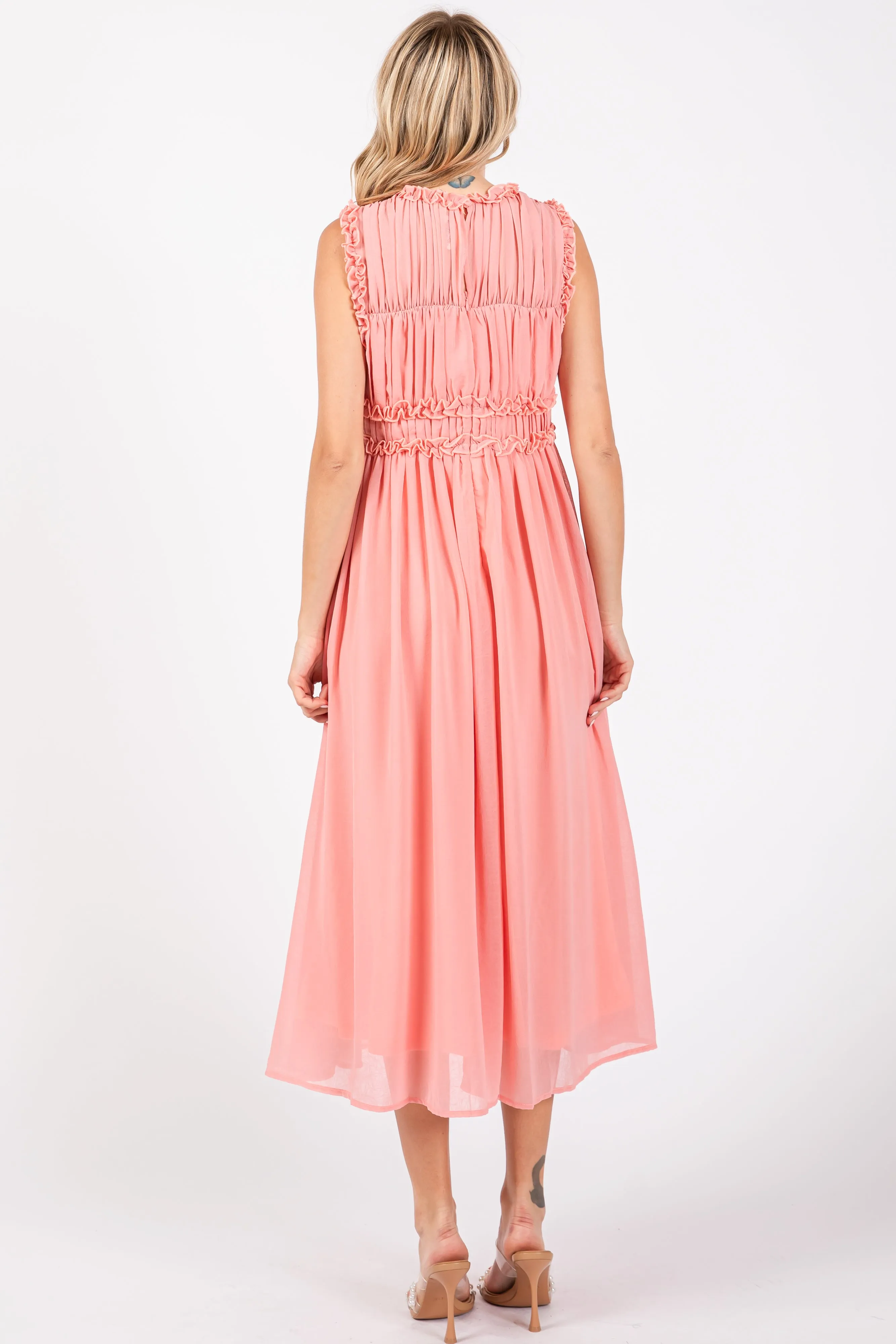 Coral Chiffon Ruched Lettuce Edge Ruffle Midi Dress sold by Pinkblush product image thumbnail 3