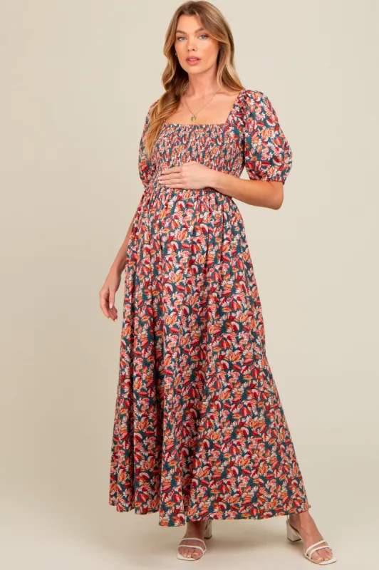 Teal Multi-Color Leaf Print Smocked Maternity Maxi Dress sold by Pinkblush