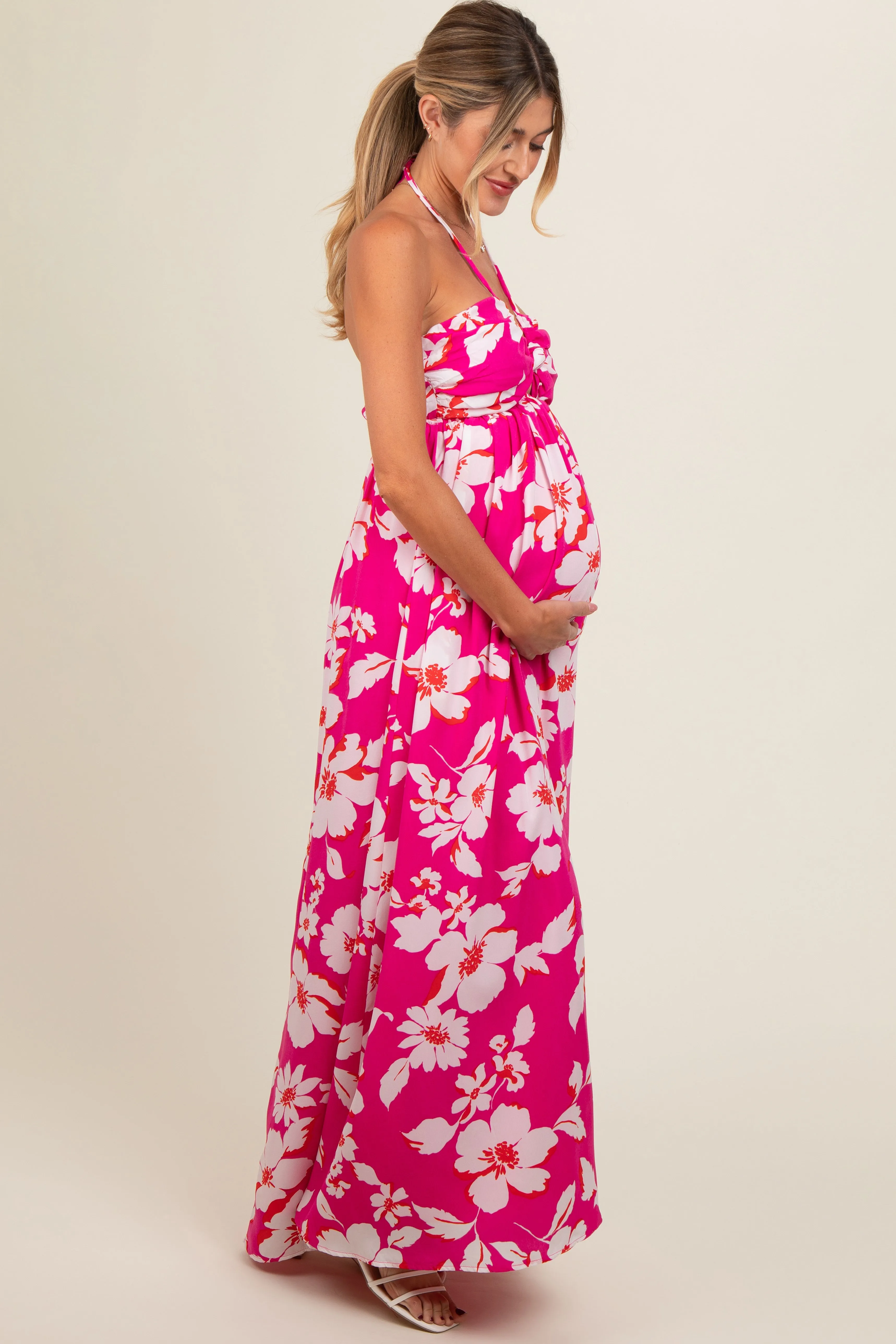Fuchsia Floral Halter Neck Maternity Maxi Dress sold by Pinkblush product image thumbnail 3