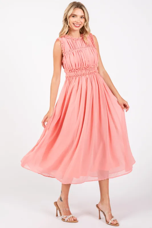 Coral Chiffon Ruched Lettuce Edge Ruffle Midi Dress sold by Pinkblush