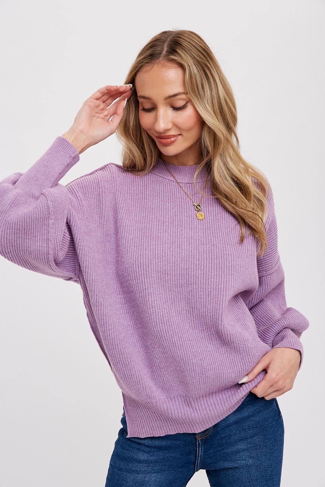 Lavender Knit Mock Neck Sweater sold by Pinkblush