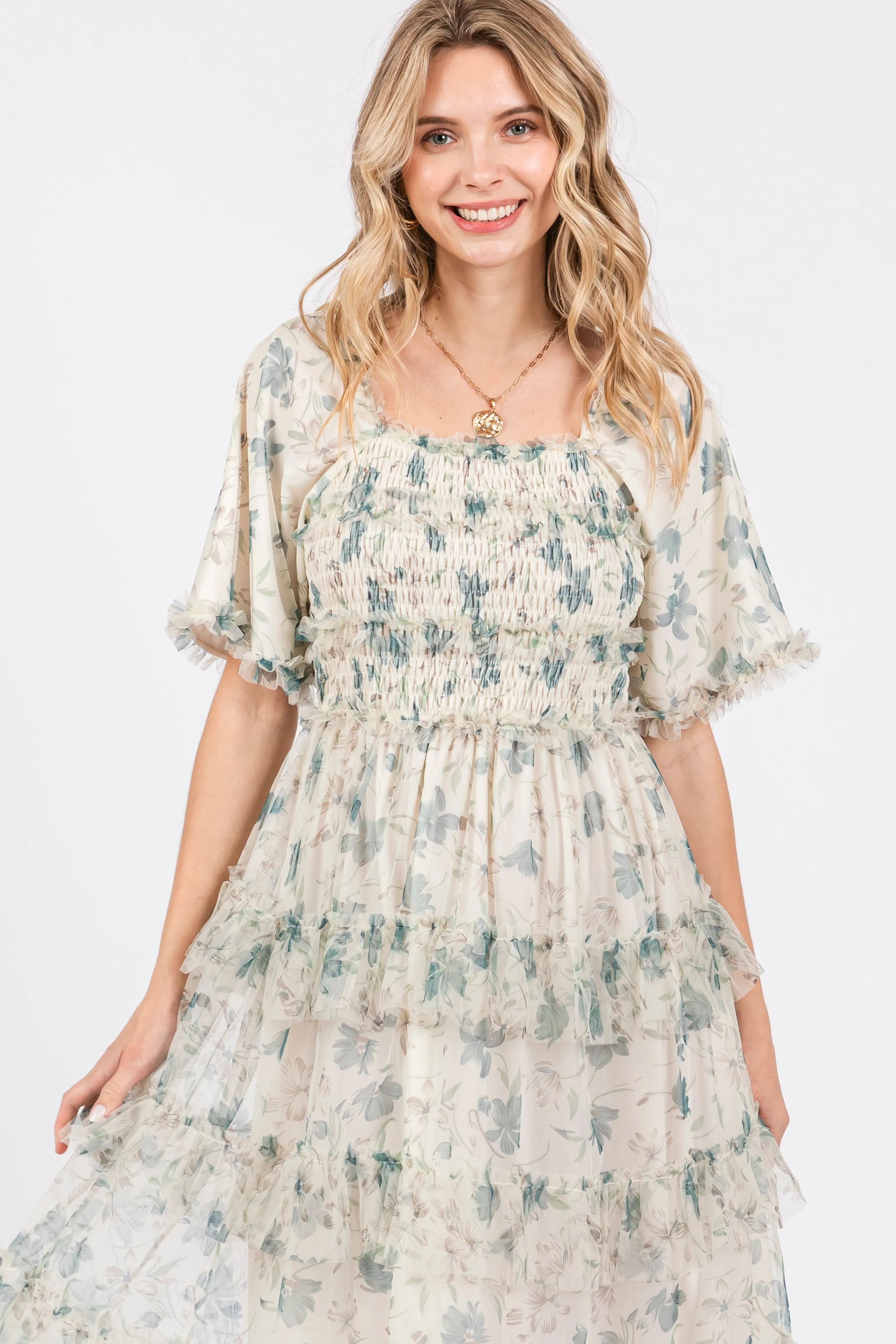 Cream Floral Tulle Smocked Ruffle Tiered Midi Dress sold by Pinkblush product image thumbnail 5