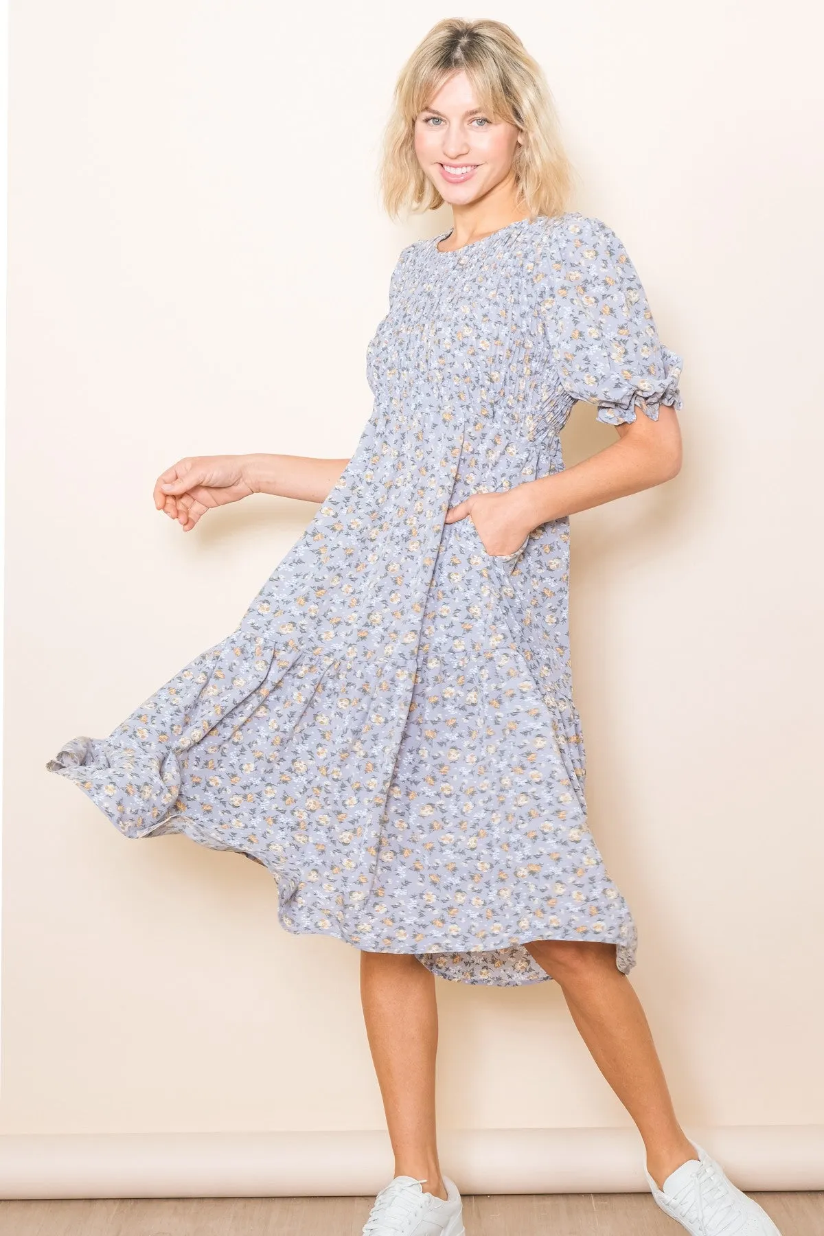 Blue Floral Smocked Maternity Midi Dress sold by Pinkblush product image thumbnail 4