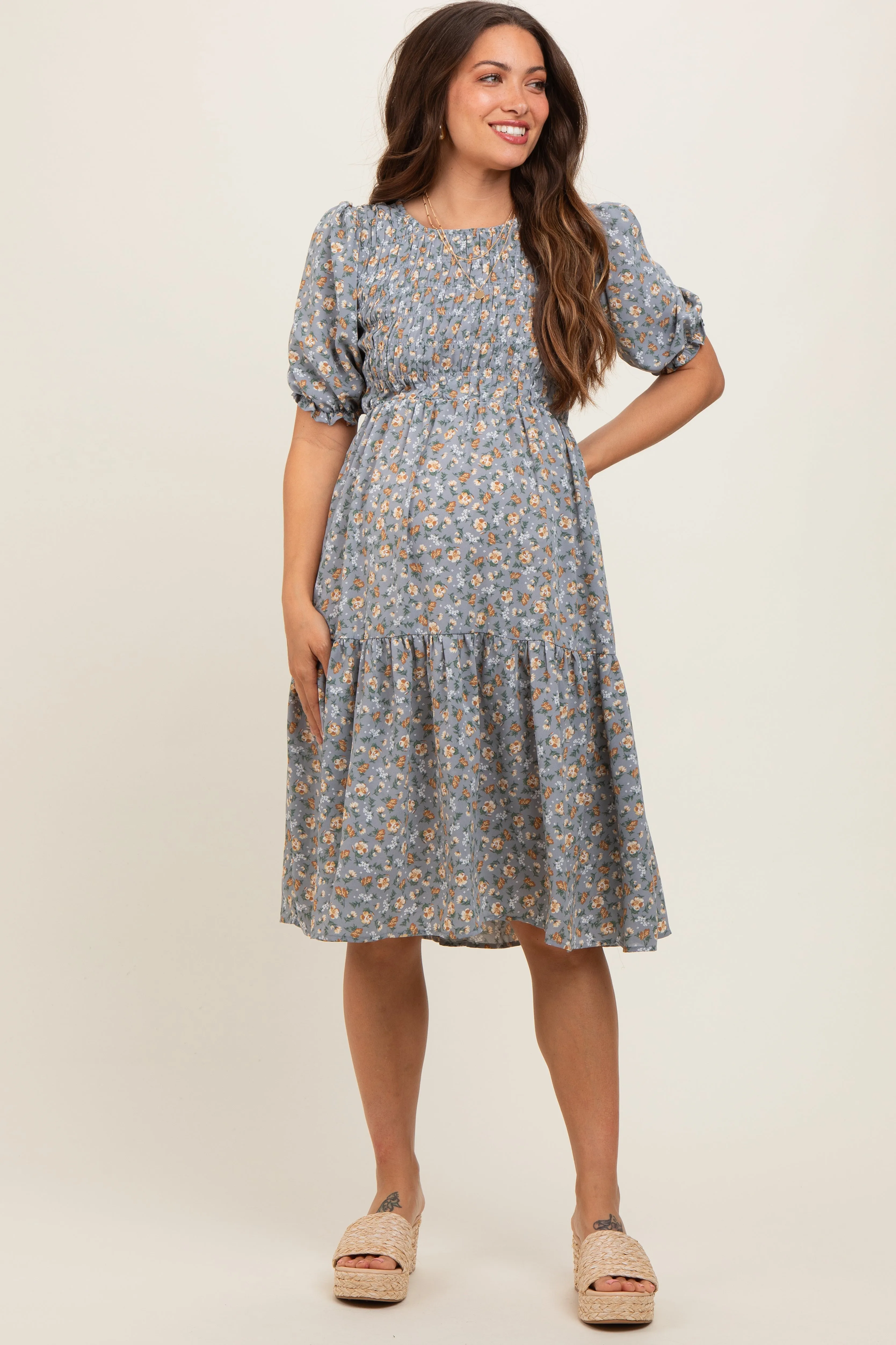 Blue Floral Smocked Maternity Midi Dress sold by Pinkblush