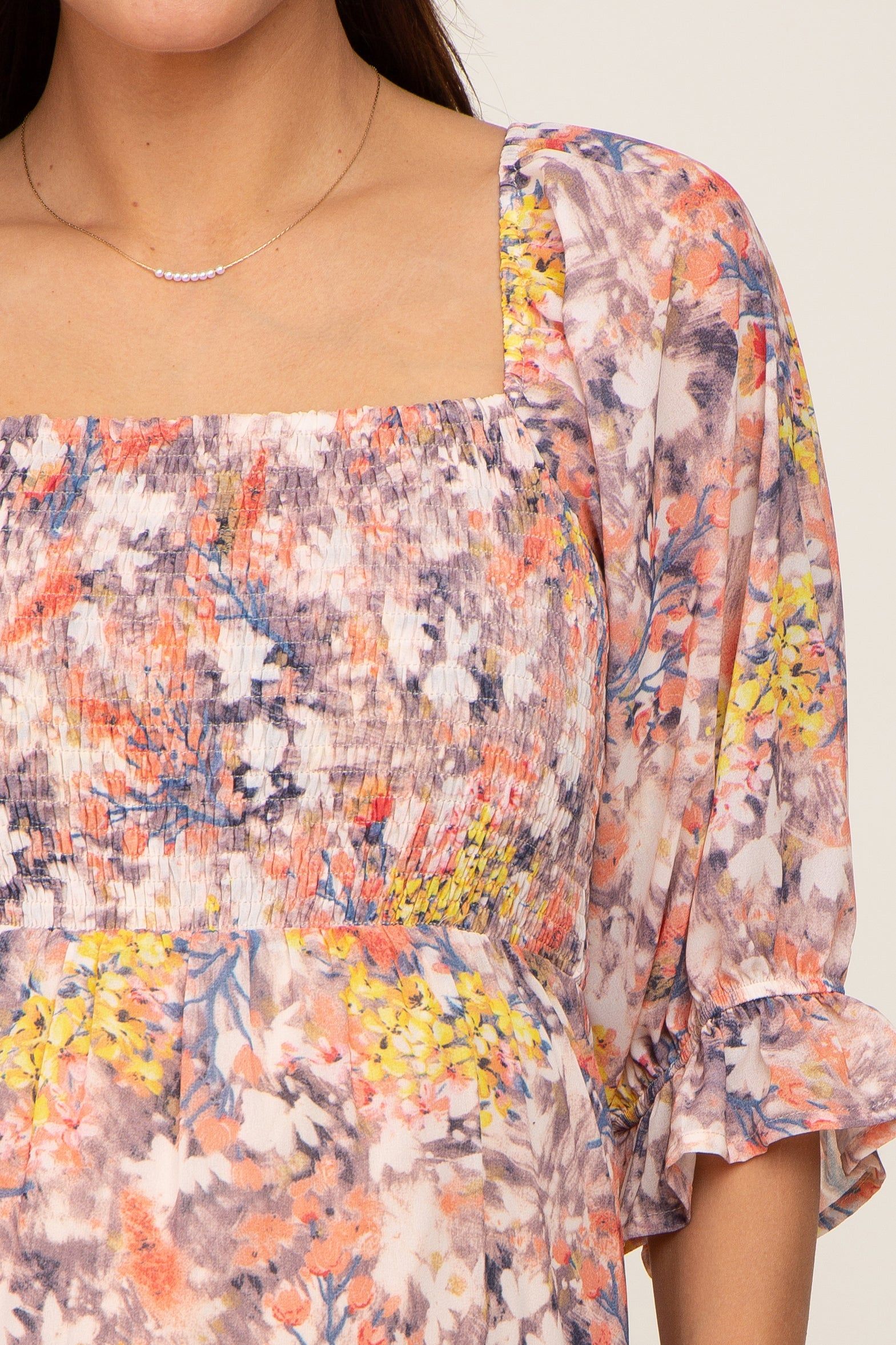 Taupe Floral Watercolor Print Tiered Maternity Midi Dress sold by Pinkblush product image thumbnail 4