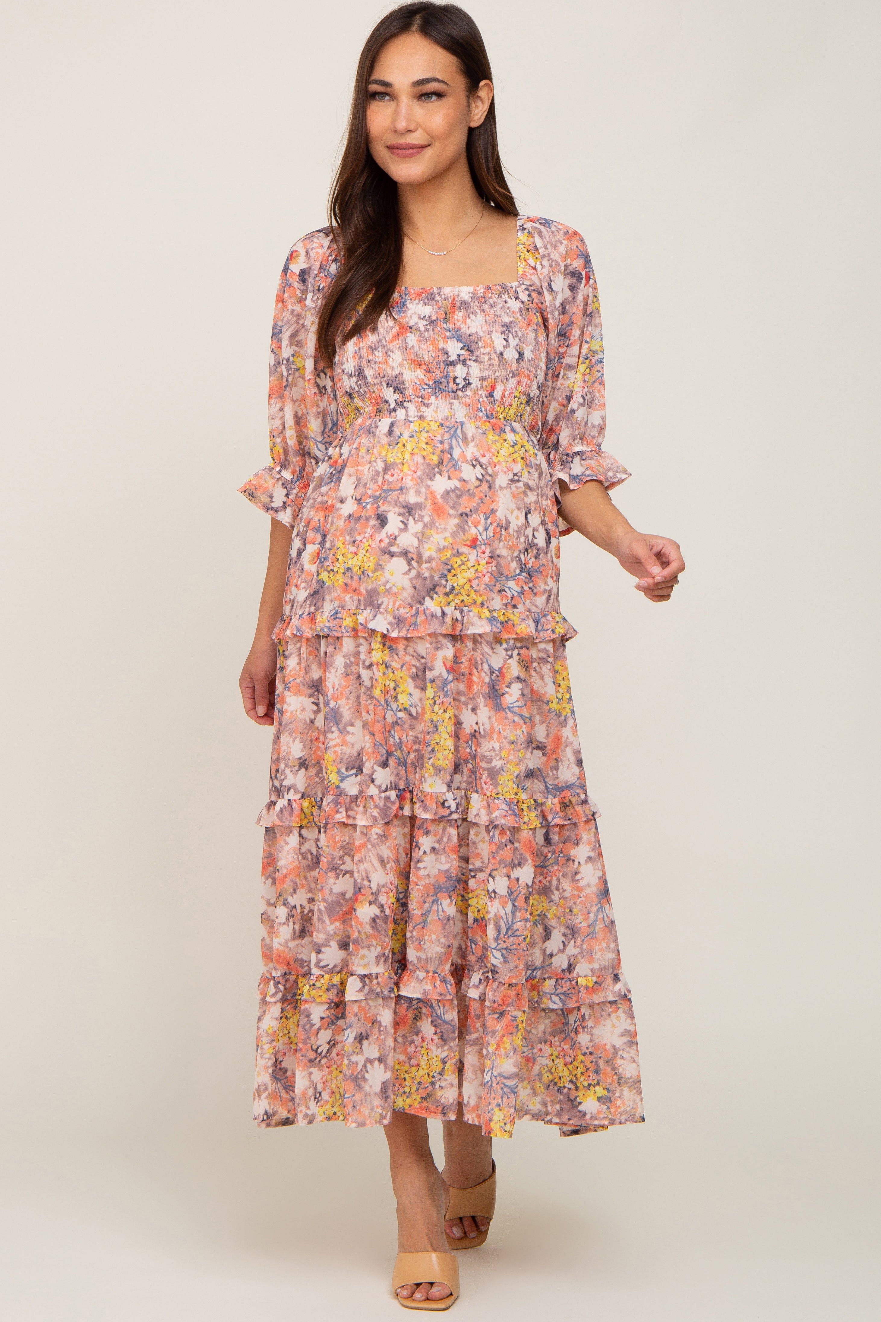 Taupe Floral Watercolor Print Tiered Maternity Midi Dress sold by Pinkblush