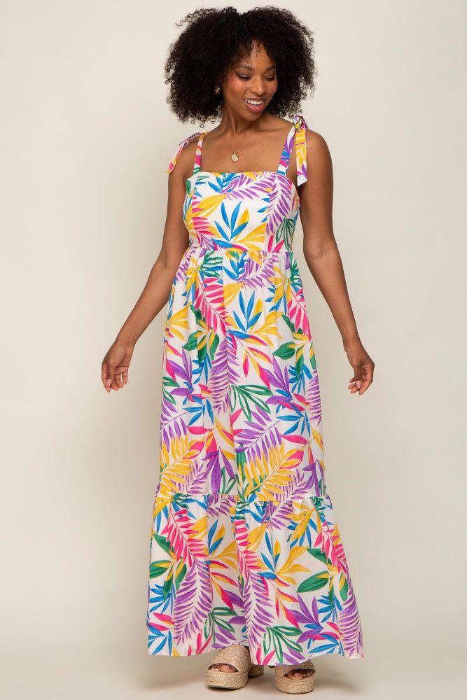 Pink Multi-Color Palm Print Shoulder Tie Maxi Dress sold by Pinkblush product image thumbnail 5