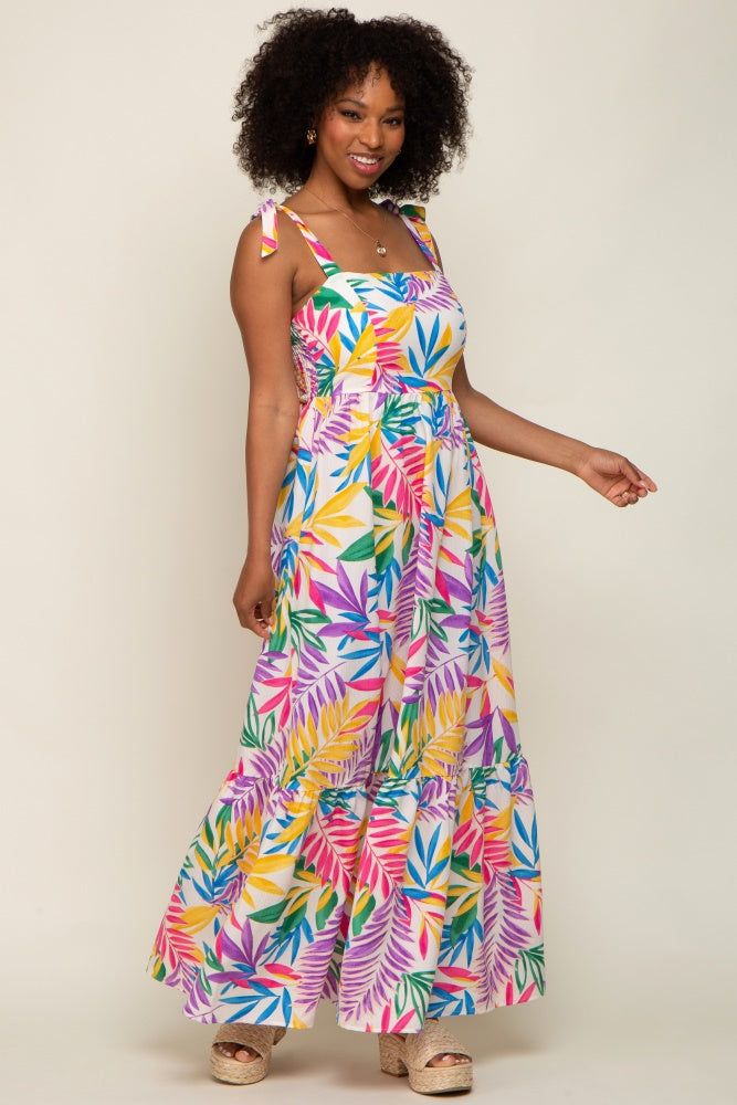 Pink Multi-Color Palm Print Shoulder Tie Maxi Dress sold by Pinkblush product image thumbnail 2