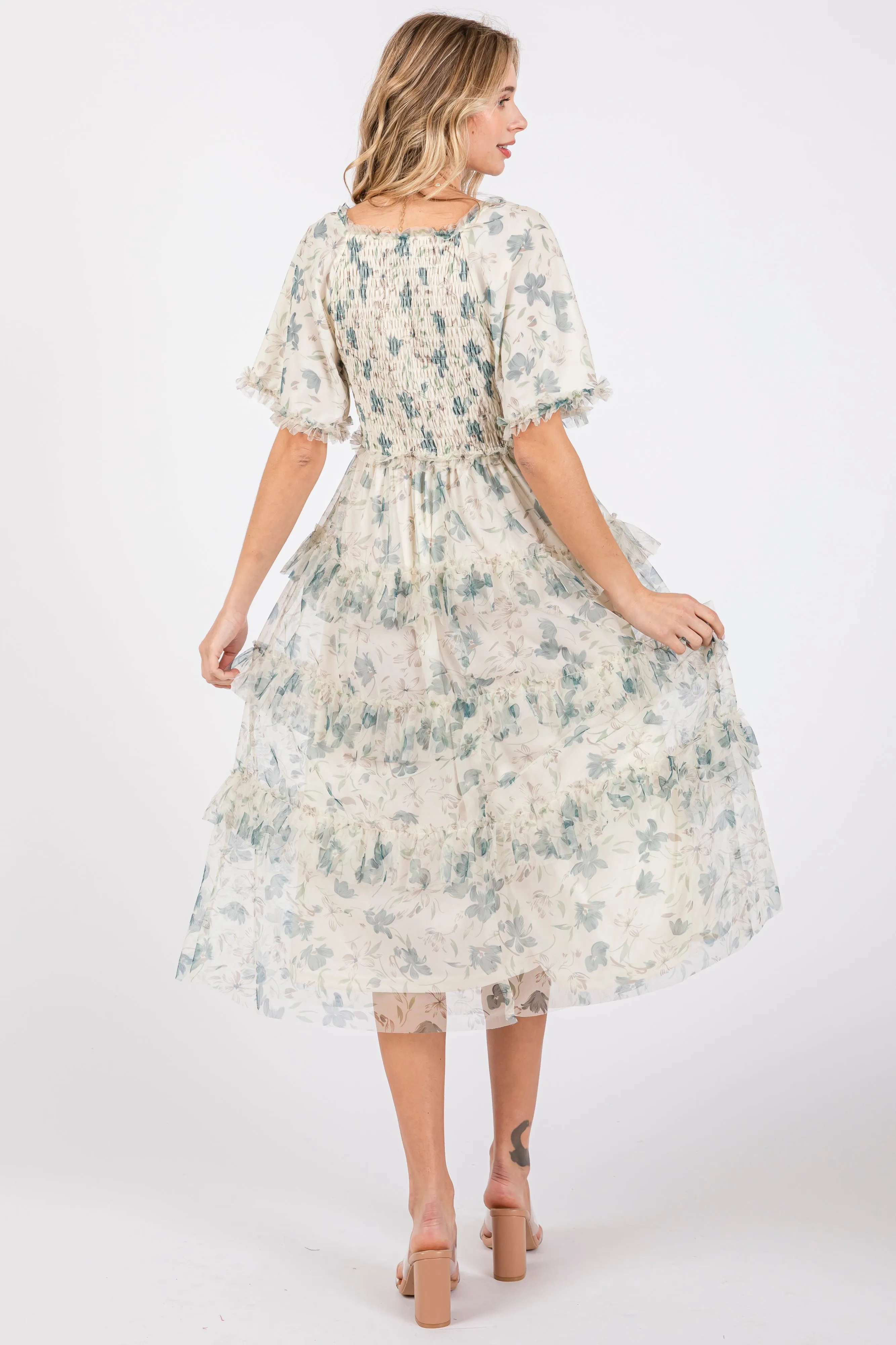 Cream Floral Tulle Smocked Ruffle Tiered Midi Dress sold by Pinkblush product image thumbnail 3