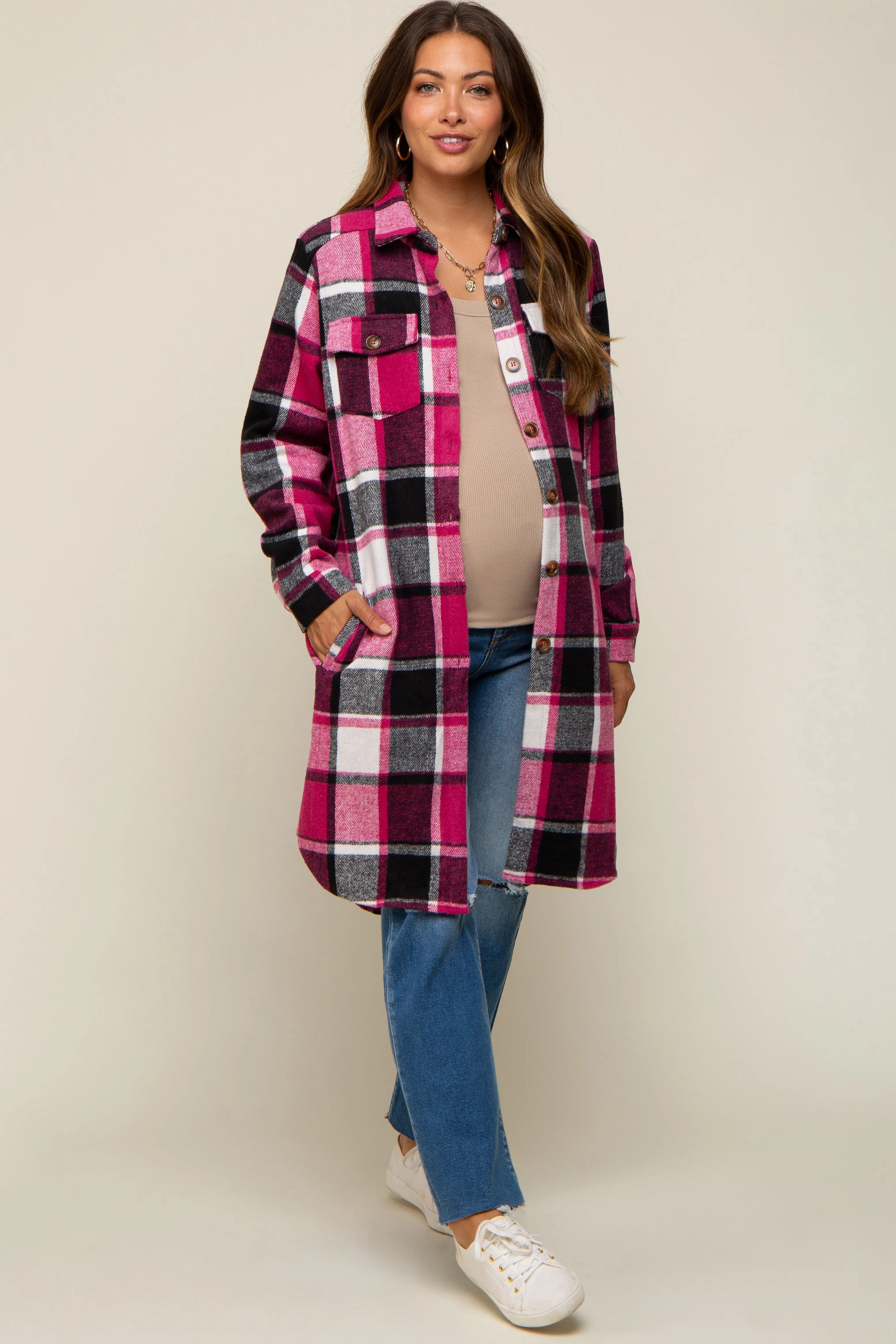Pink Plaid Fleece Maternity Long Shirt Jacket sold by Pinkblush