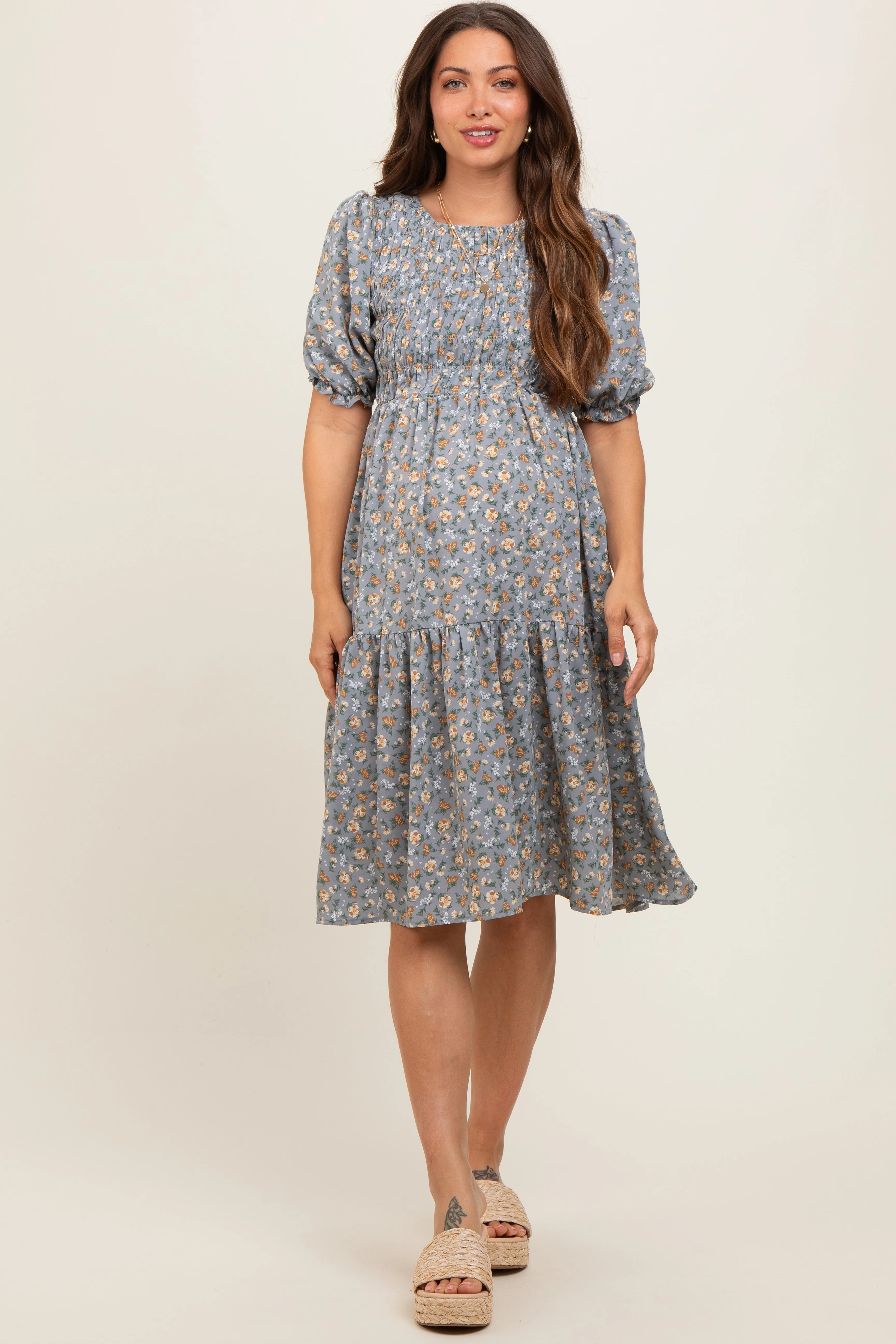 Blue Floral Smocked Maternity Midi Dress sold by Pinkblush product image thumbnail 2