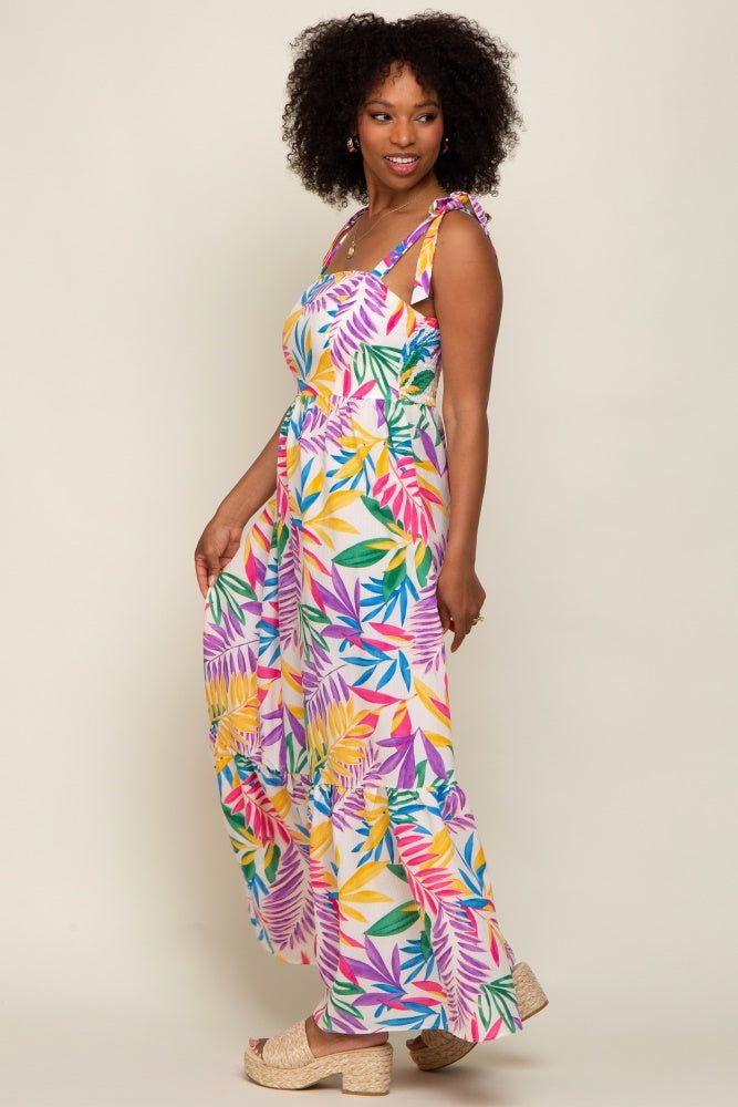 Pink Multi-Color Palm Print Shoulder Tie Maxi Dress sold by Pinkblush product image thumbnail 3