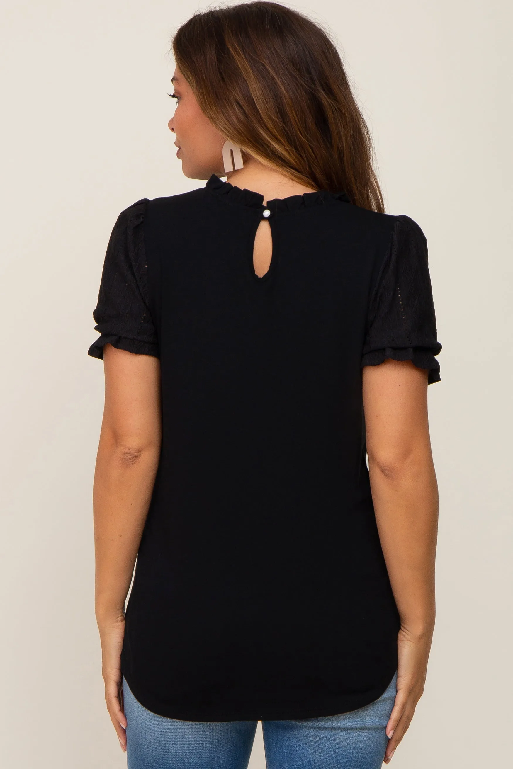 Black Contrast Crochet Sleeve Maternity Top sold by Pinkblush product image thumbnail 4