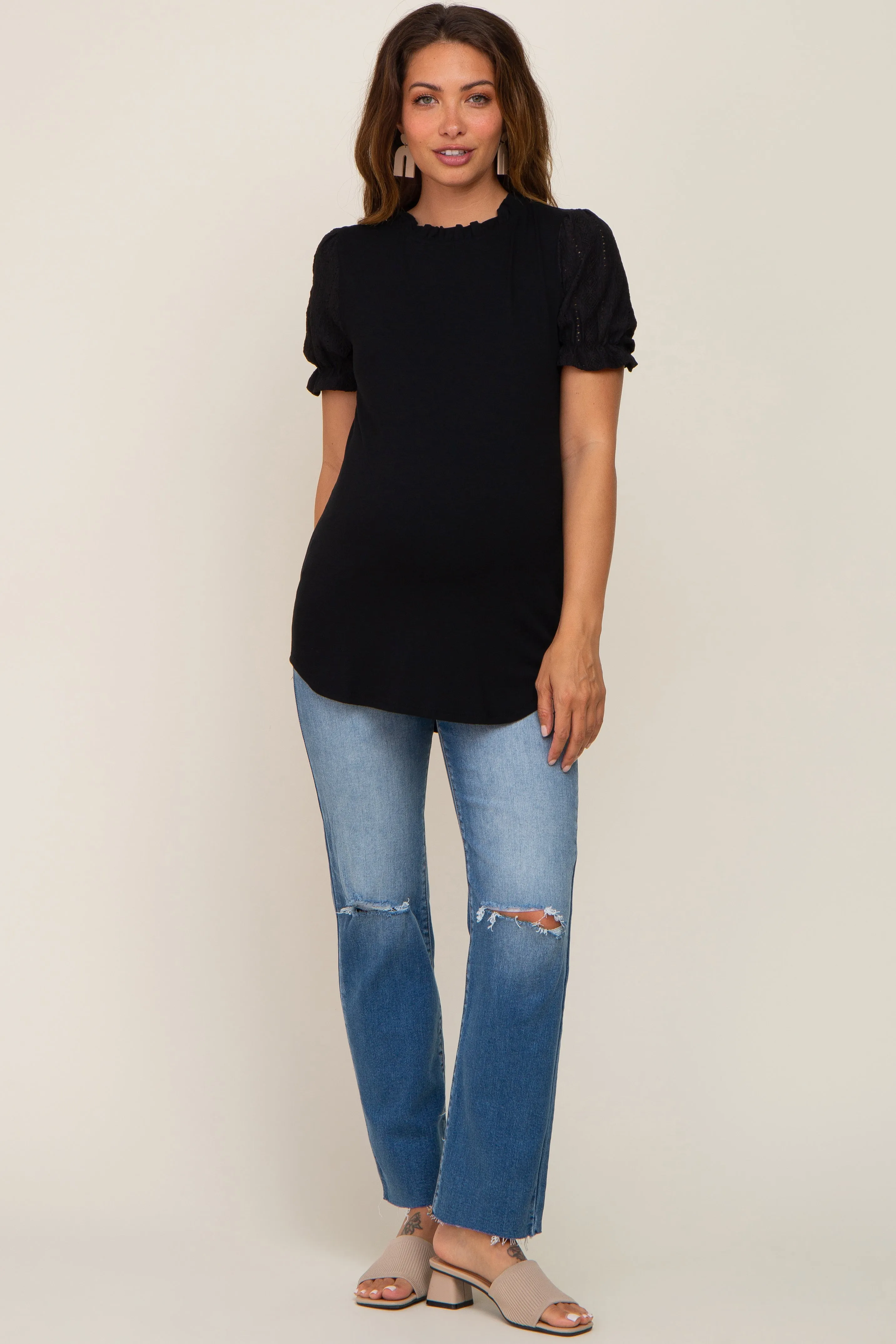 Black Contrast Crochet Sleeve Maternity Top sold by Pinkblush