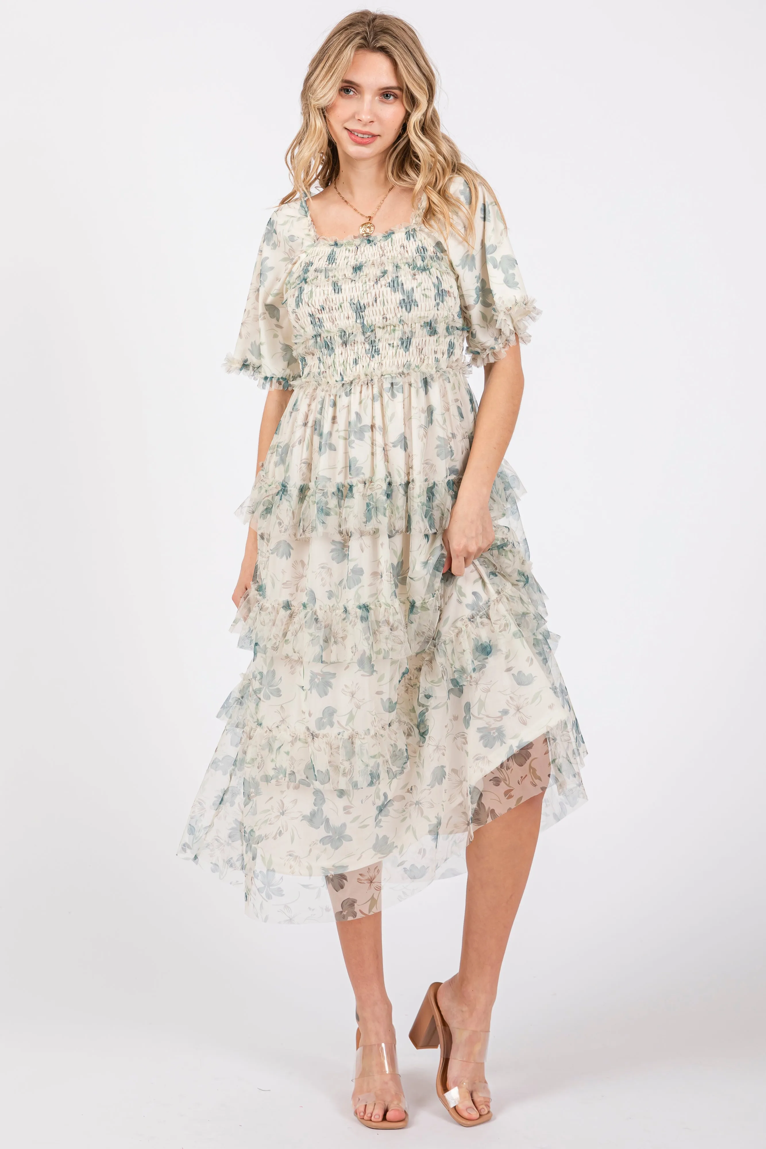 Cream Floral Tulle Smocked Ruffle Tiered Midi Dress sold by Pinkblush product image thumbnail 4