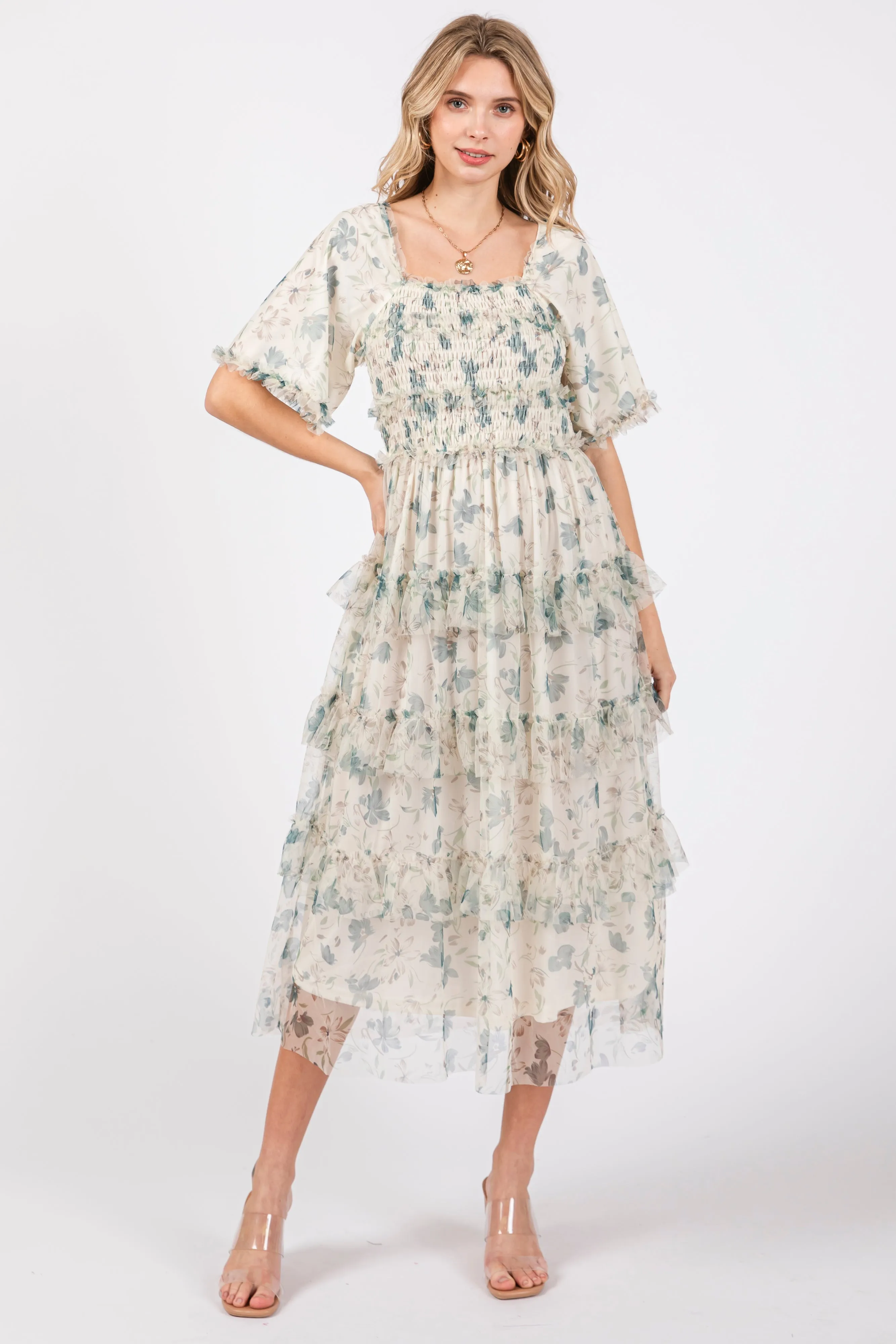 Cream Floral Tulle Smocked Ruffle Tiered Midi Dress sold by Pinkblush