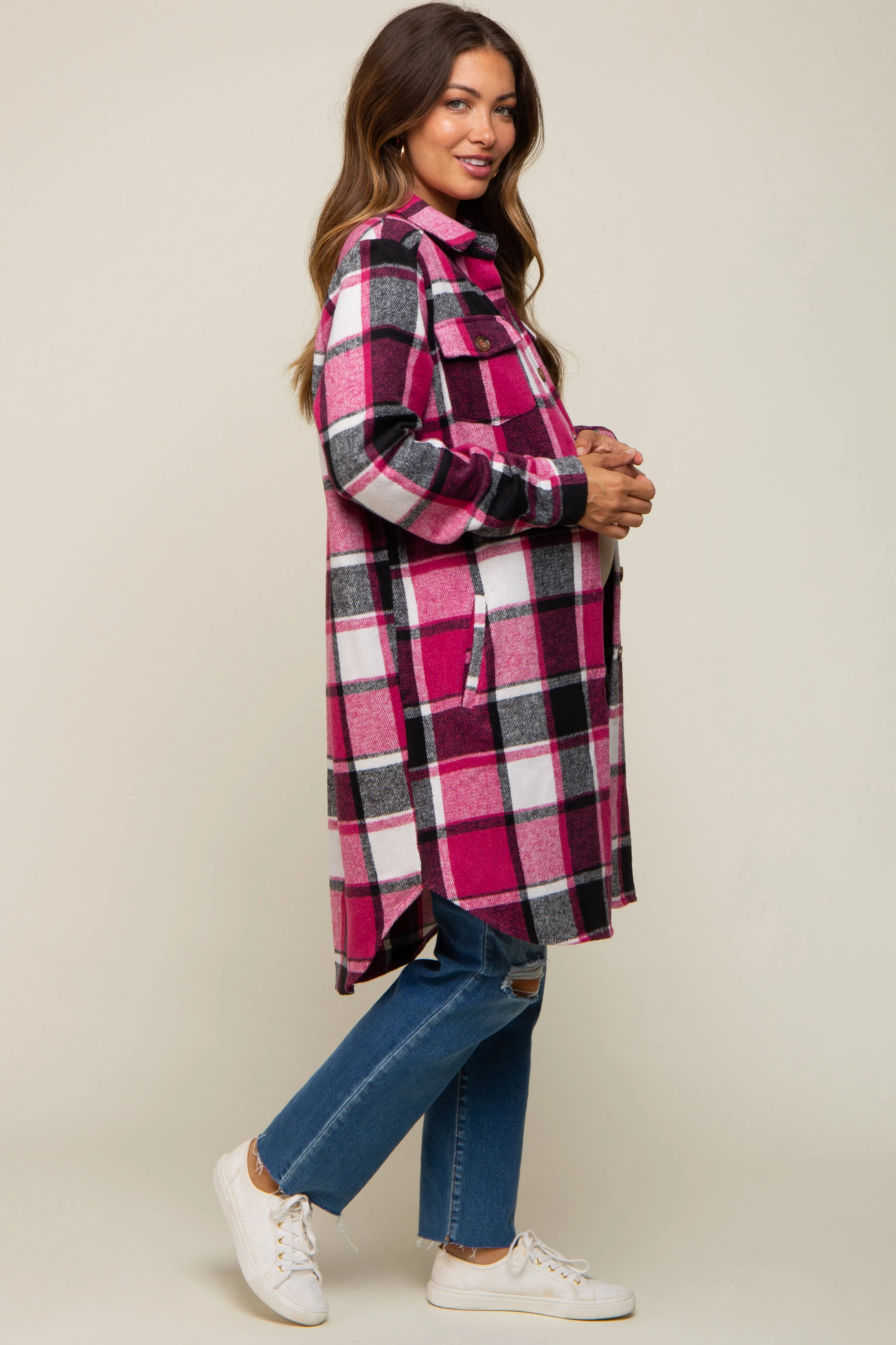 Pink Plaid Fleece Maternity Long Shirt Jacket sold by Pinkblush product image thumbnail 2