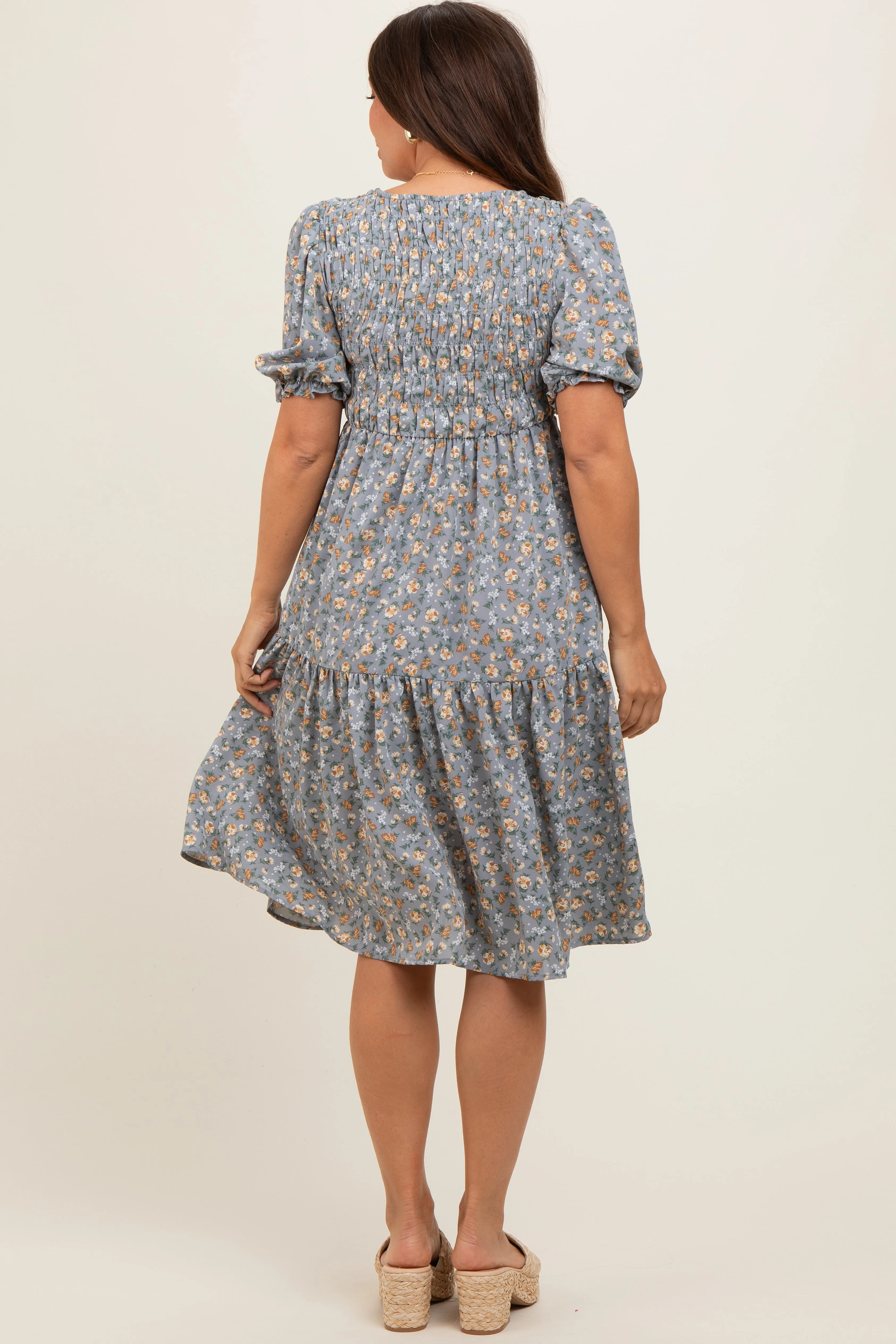 Blue Floral Smocked Maternity Midi Dress sold by Pinkblush product image thumbnail 3
