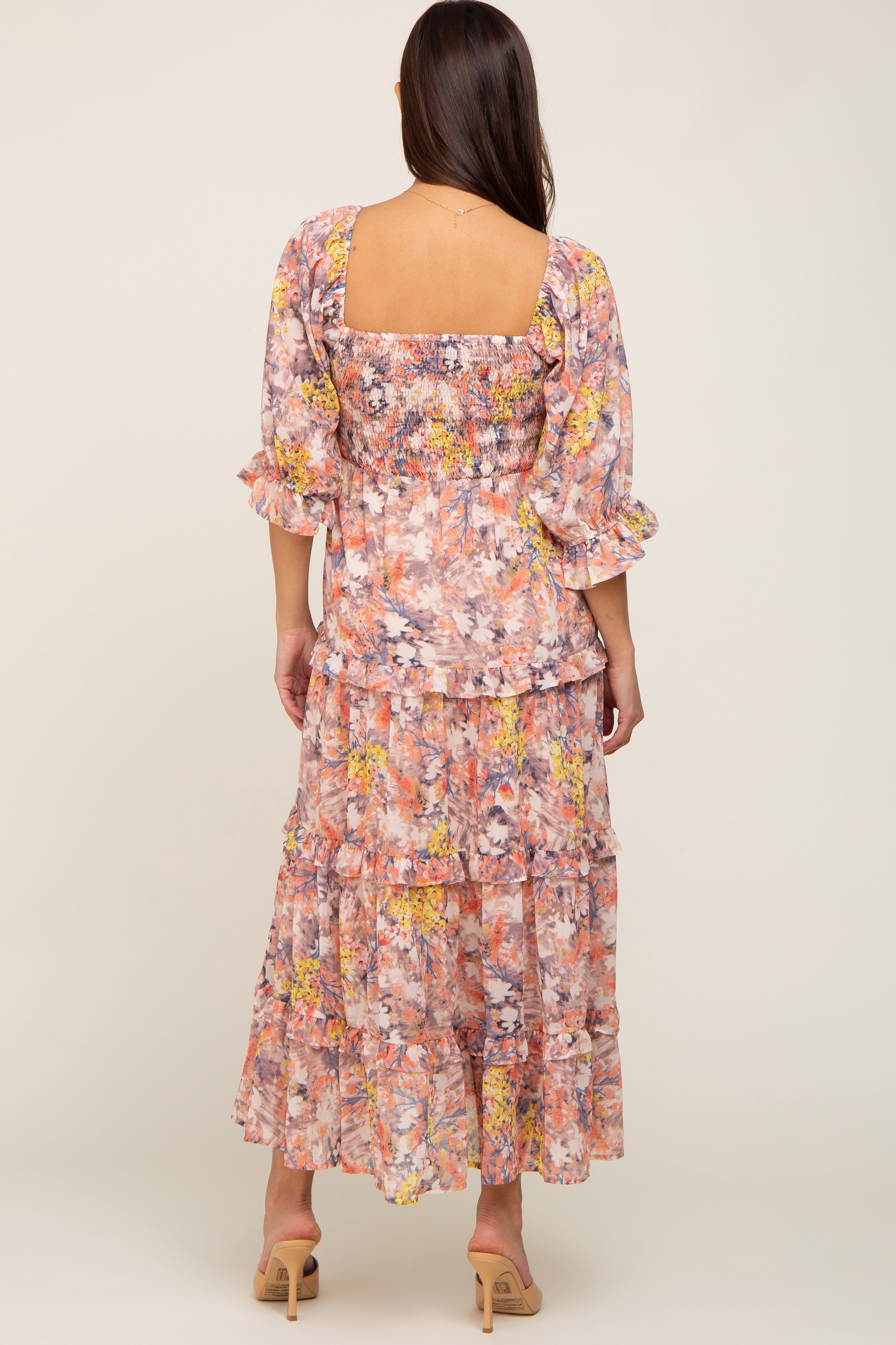 Taupe Floral Watercolor Print Tiered Maternity Midi Dress sold by Pinkblush product image thumbnail 3