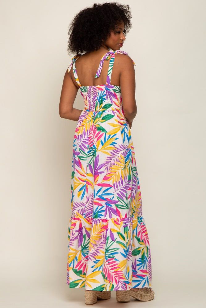 Pink Multi-Color Palm Print Shoulder Tie Maxi Dress sold by Pinkblush product image thumbnail 4