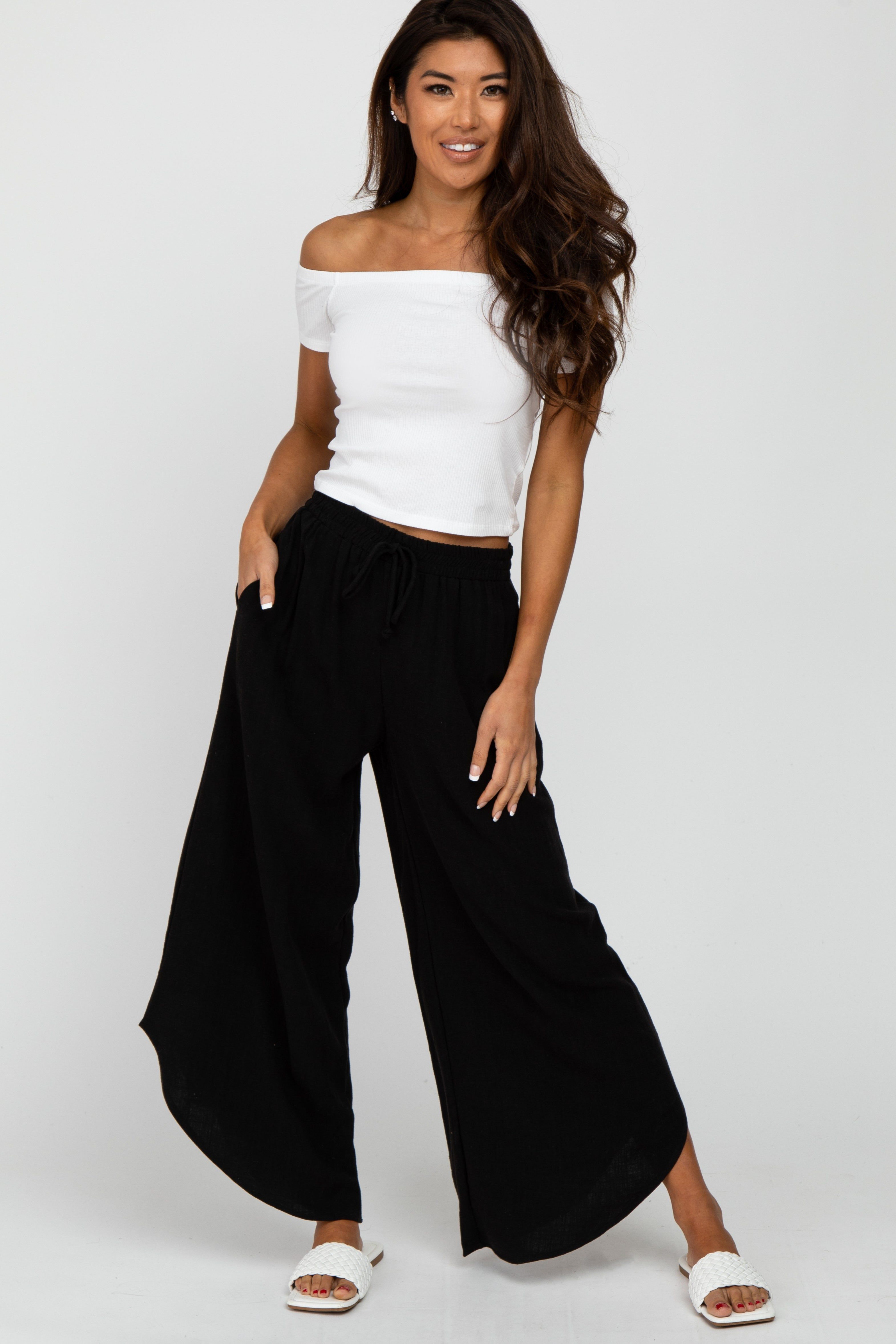 Black Linen Tie Front Curved Hem Maternity Pants sold by Pinkblush product image thumbnail 5