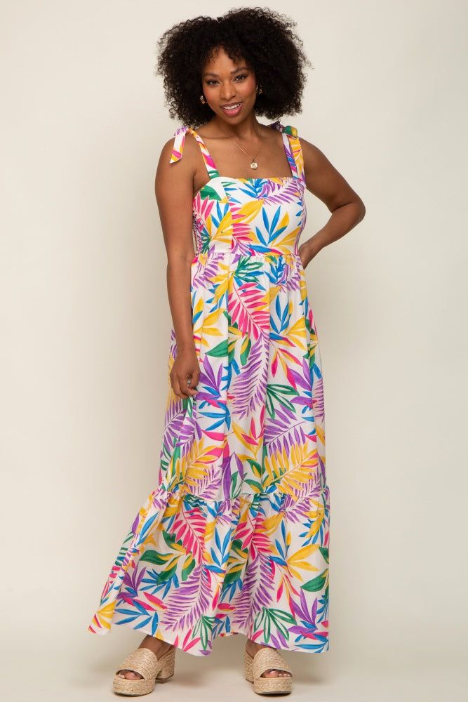 Pink Multi-Color Palm Print Shoulder Tie Maxi Dress sold by Pinkblush