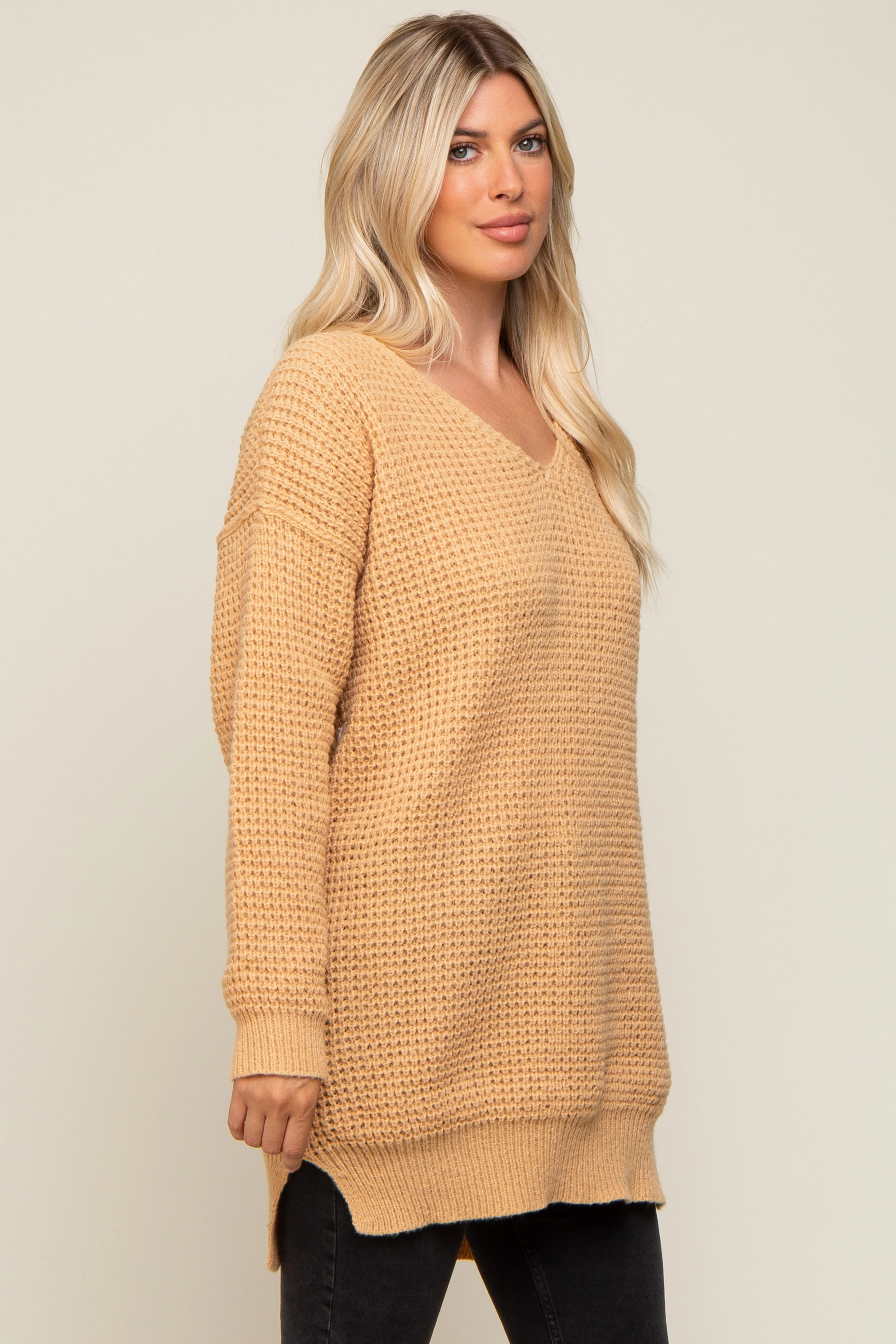 Peach Chunky Knit V-Neck Side Slit Long Sweater sold by Pinkblush product image thumbnail 2