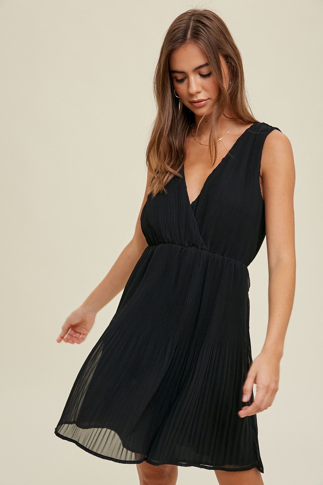 Black Pleated Mini Dress With Self Back Tie Detail sold by Pinkblush