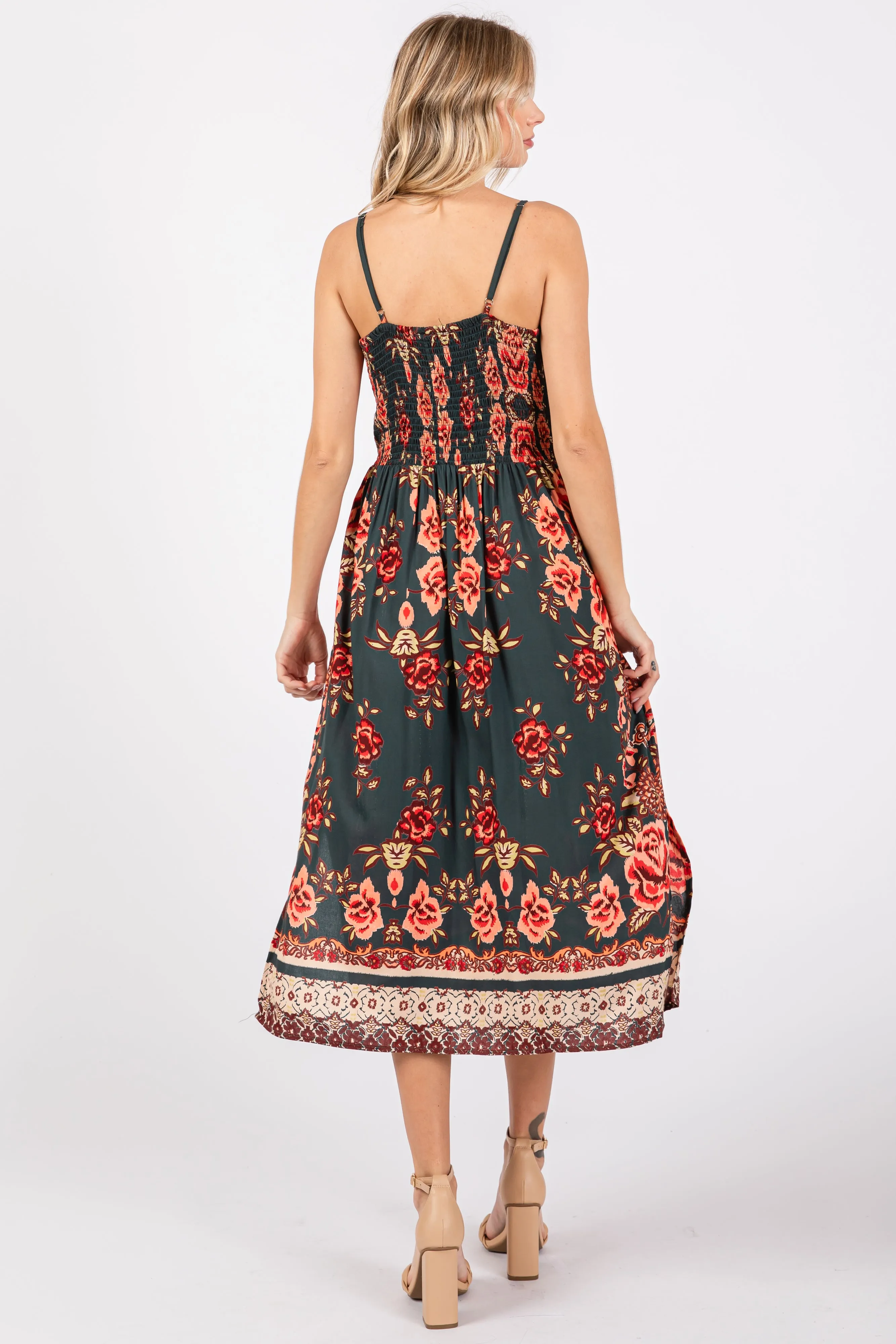 Forest Green Floral V-Neck Front Knot Side Slit Midi Dress sold by Pinkblush product image thumbnail 3