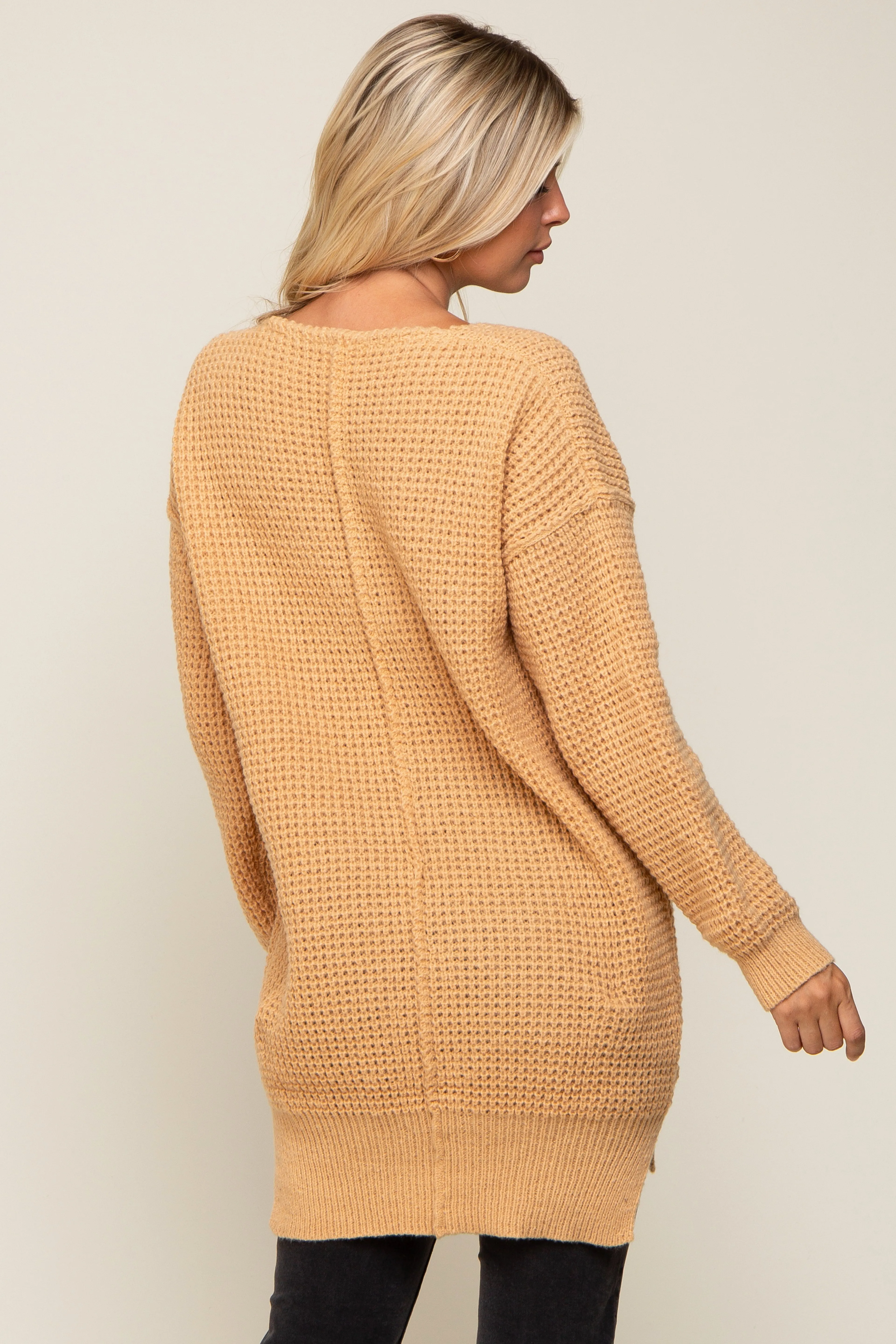 Peach Chunky Knit V-Neck Side Slit Long Sweater sold by Pinkblush product image thumbnail 3