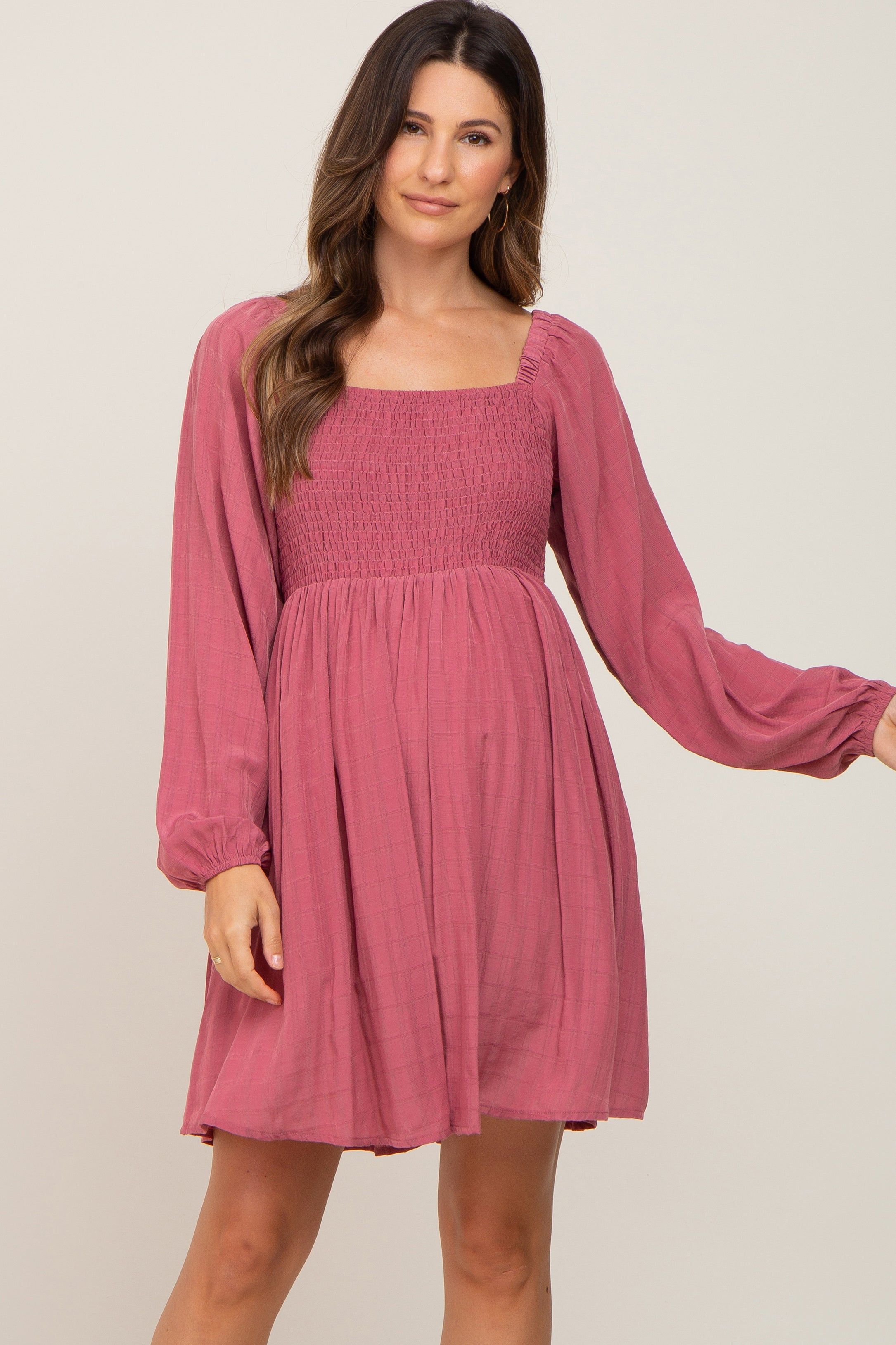 Magenta Smocked Long Sleeve Maternity Dress sold by Pinkblush
