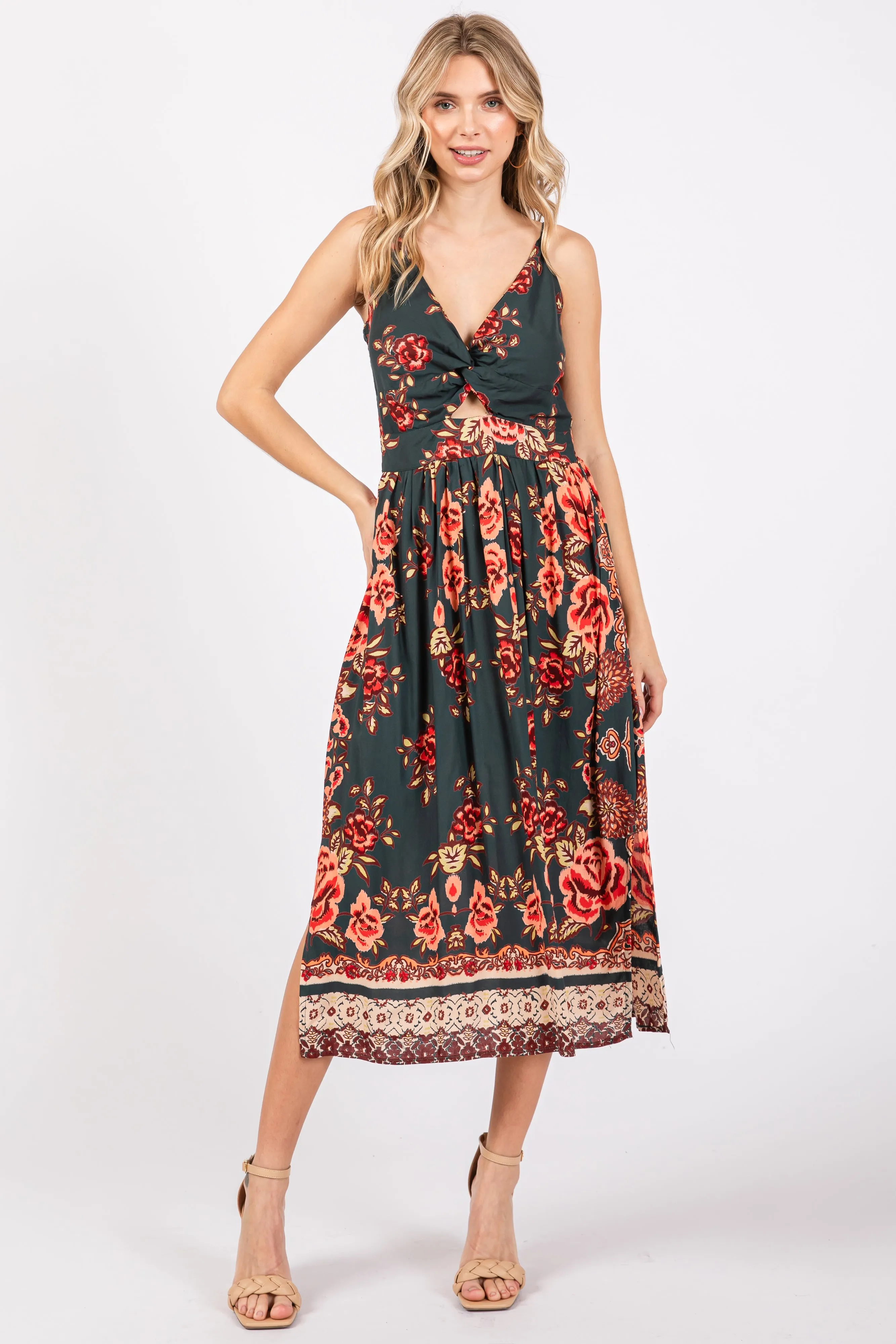 Forest Green Floral V-Neck Front Knot Side Slit Midi Dress sold by Pinkblush