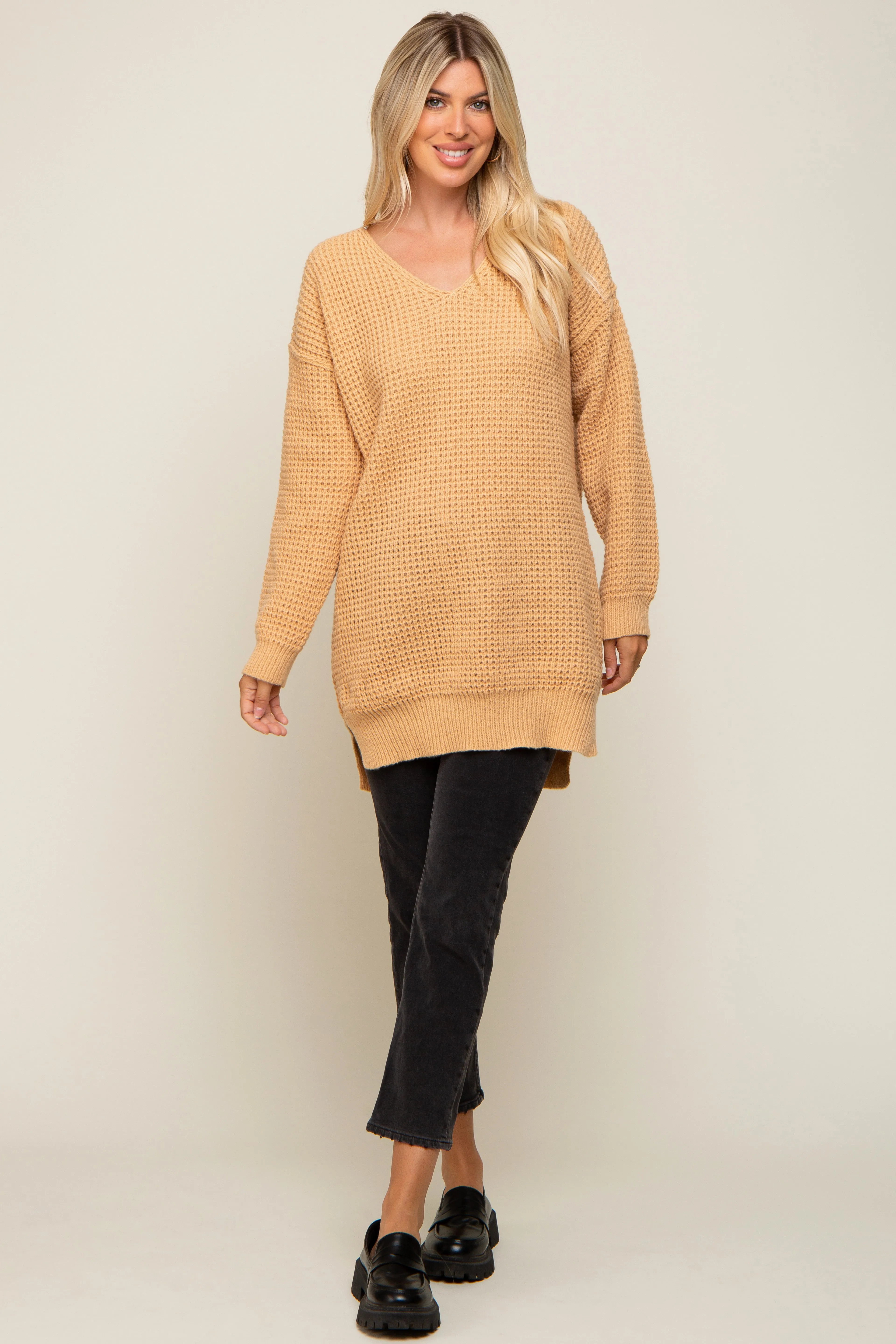 Peach Chunky Knit V-Neck Side Slit Long Sweater sold by Pinkblush product image thumbnail 4