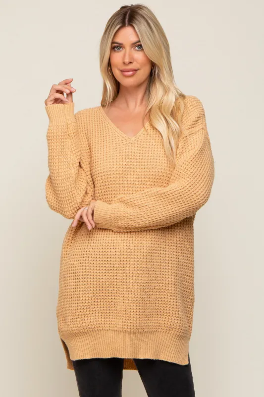 Peach Chunky Knit V-Neck Side Slit Long Sweater sold by Pinkblush