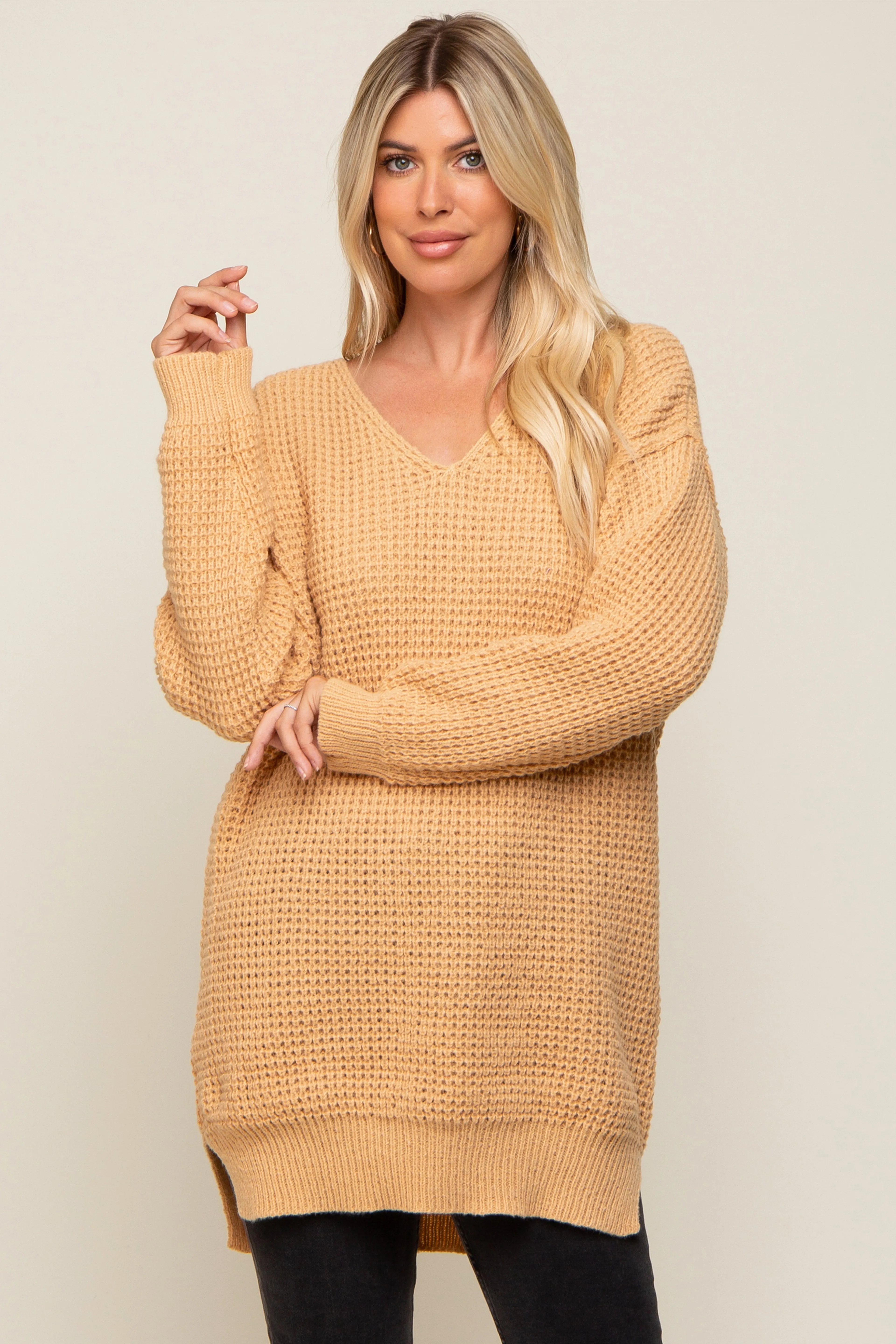 Peach Chunky Knit V-Neck Side Slit Long Sweater sold by Pinkblush