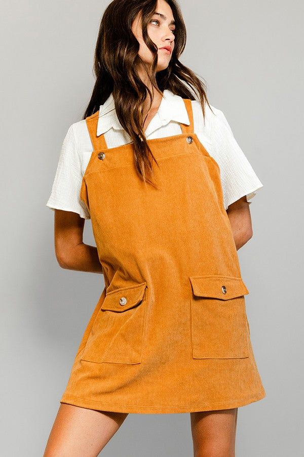 Camel Corduroy Patched Pocket Overall Dress sold by Pinkblush