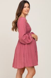 Magenta Smocked Long Sleeve Maternity Dress sold by Pinkblush