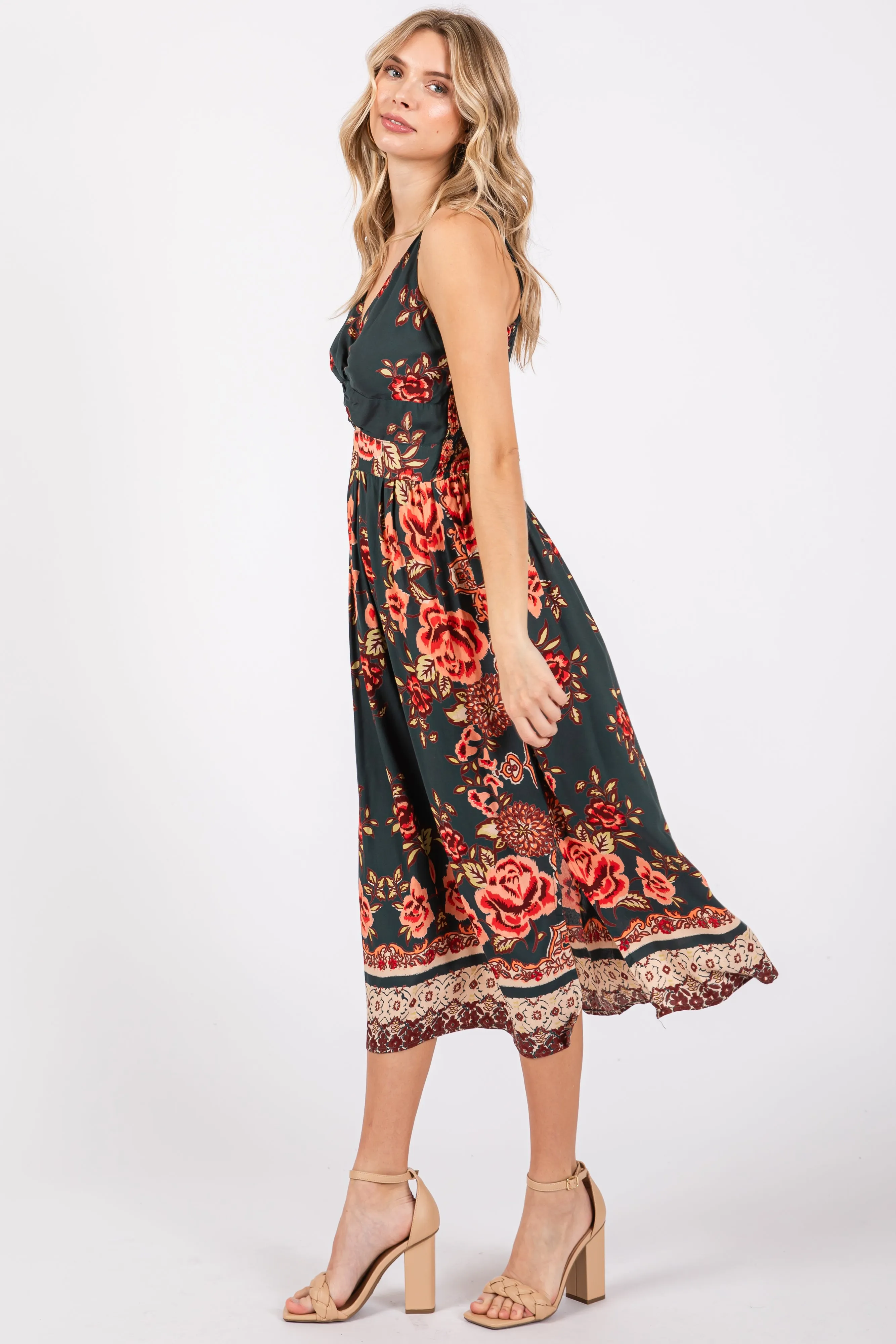 Forest Green Floral V-Neck Front Knot Side Slit Midi Dress sold by Pinkblush product image thumbnail 2