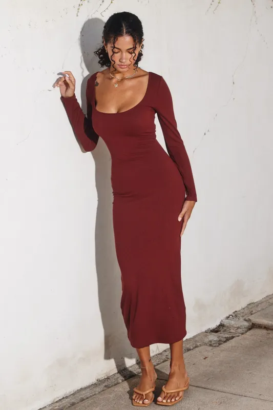 Rust Ribbed Scoop Neck Midi Dress sold by Pinkblush