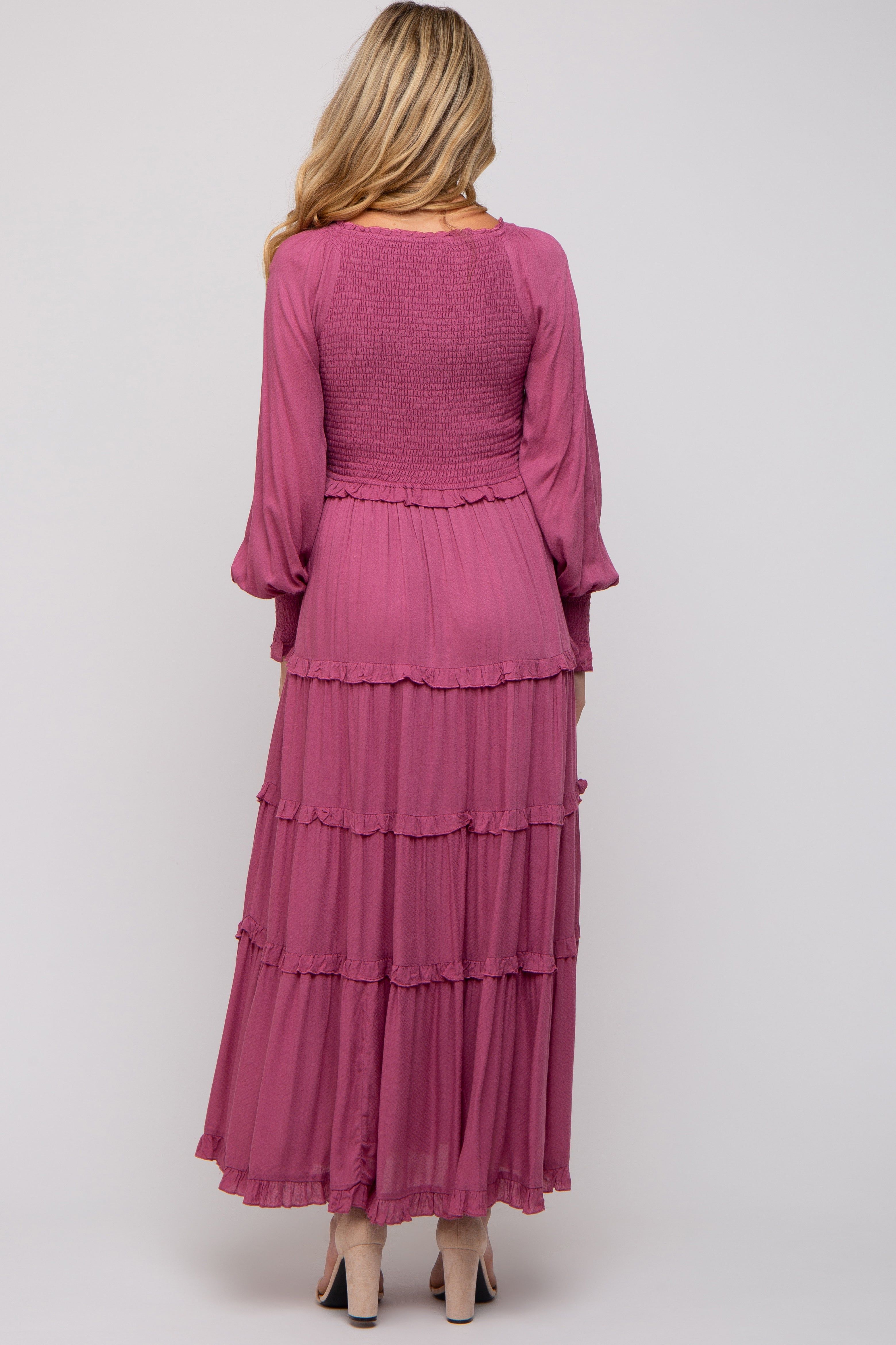 Magenta Smocked Ruffle Tiered Maternity Maxi Dress sold by Pinkblush product image thumbnail 3