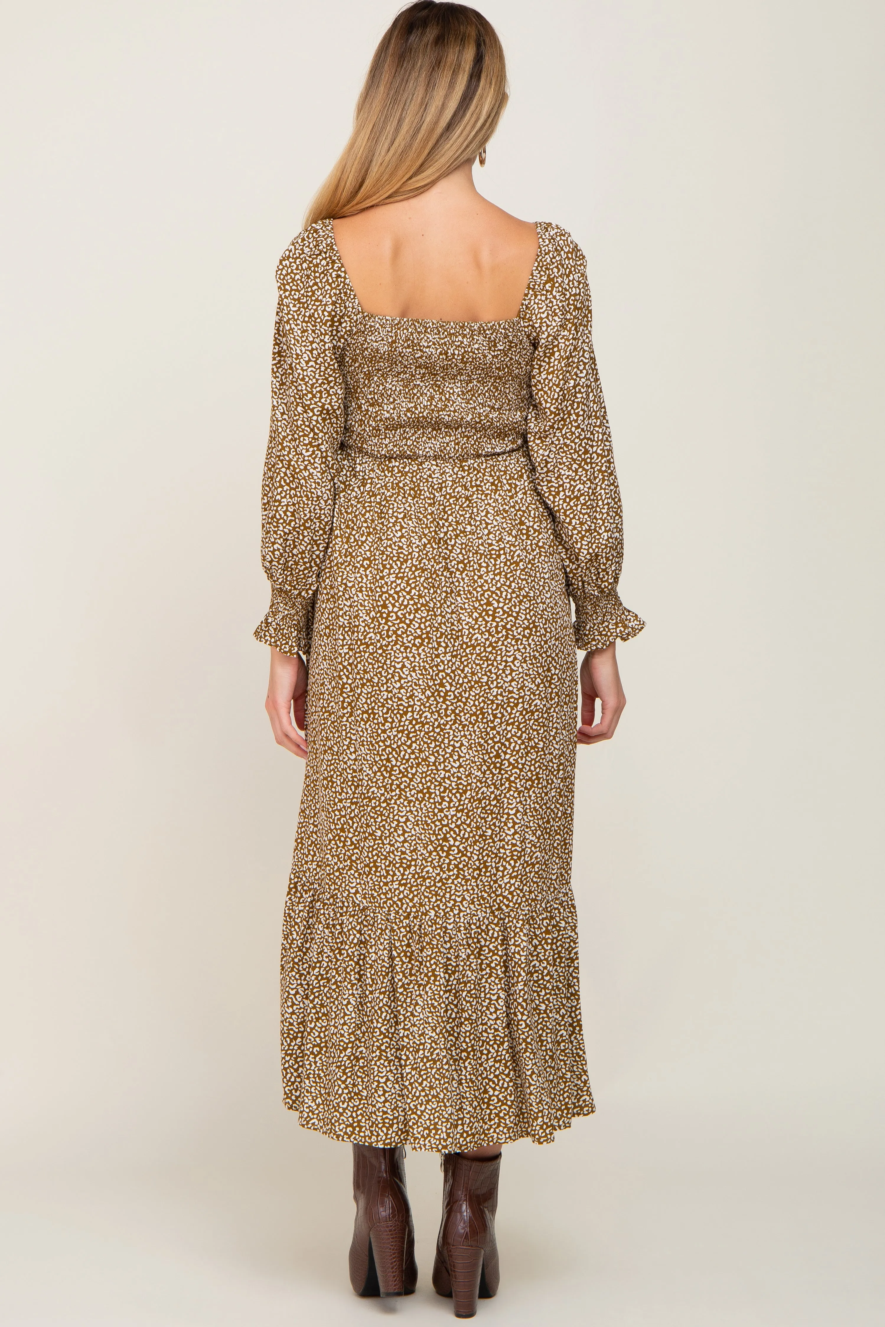 Mocha Leopard Print Square Neck Smocked Maternity Midi Dress sold by Pinkblush product image thumbnail 3