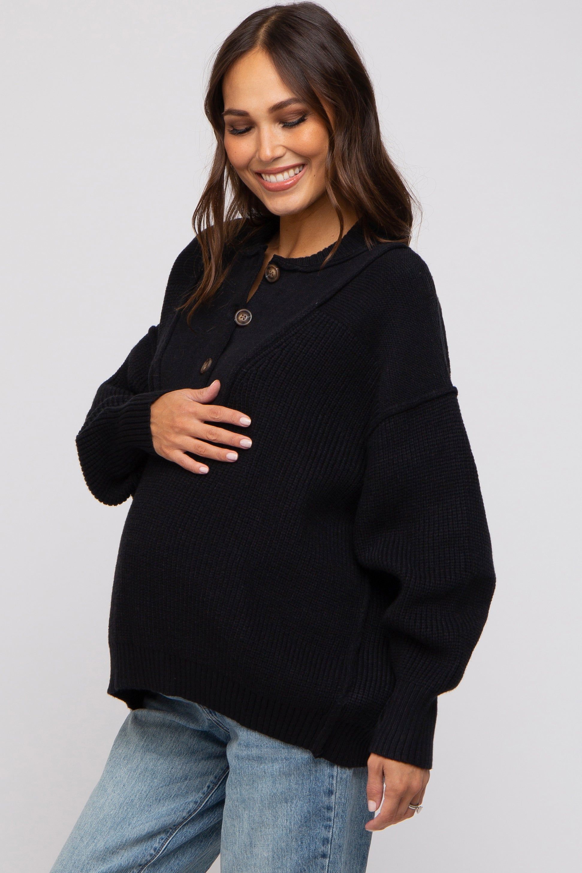 Black Half Button Up Maternity Sweater sold by Pinkblush product image thumbnail 2