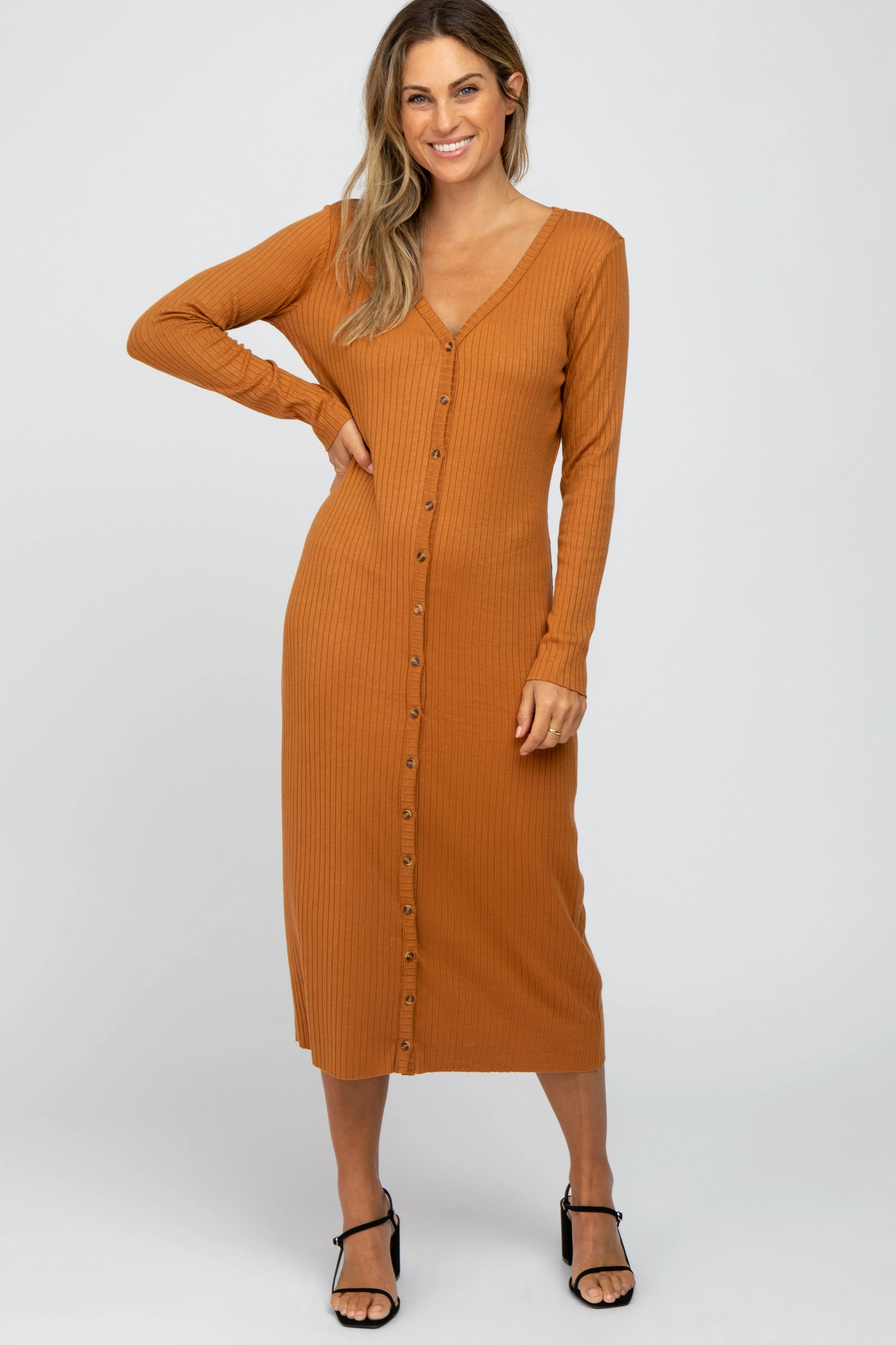 Rust Ribbed Button Front Midi Cardigan Maternity Dress sold by Pinkblush product image thumbnail 5
