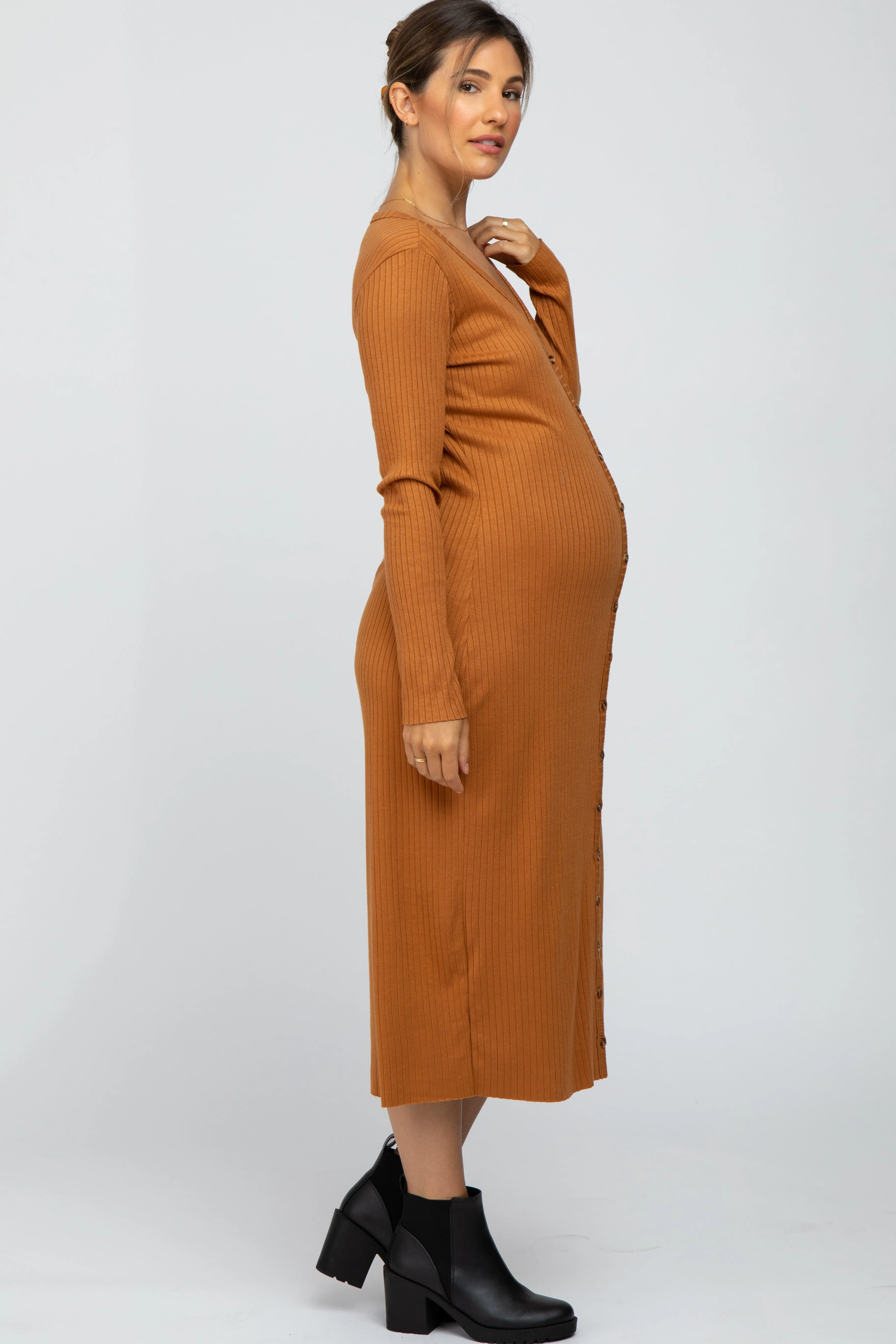 Rust Ribbed Button Front Midi Cardigan Maternity Dress sold by Pinkblush product image thumbnail 2