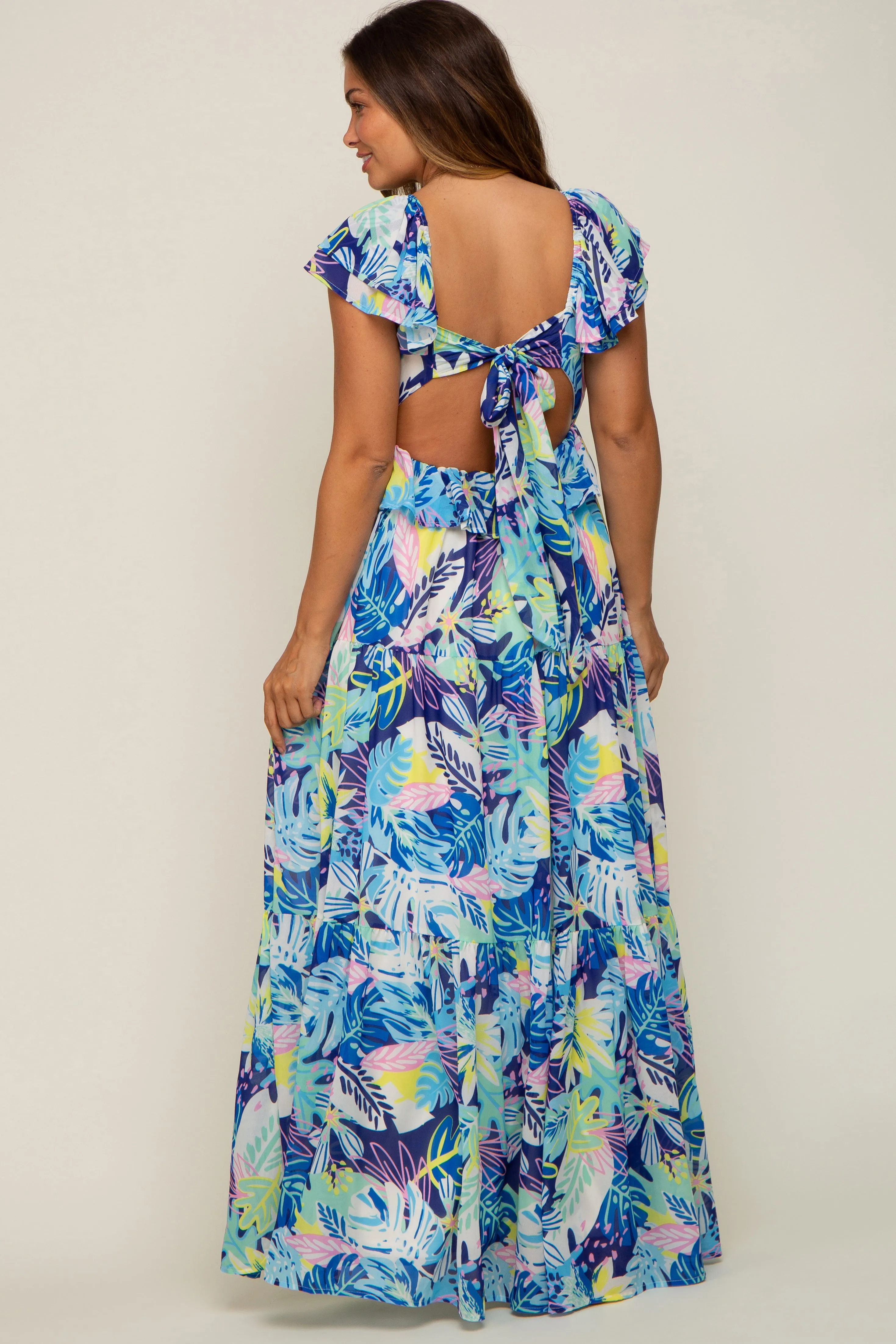 Blue Floral Ruffle Accent Maternity Maxi Dress sold by Pinkblush product image thumbnail 4