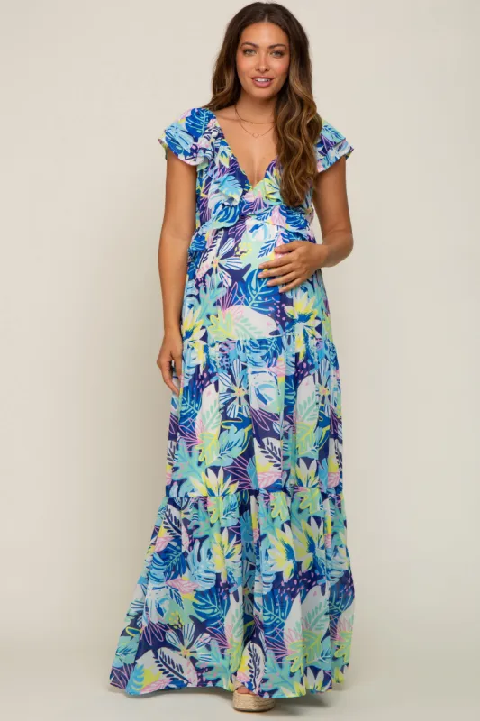 Blue Floral Ruffle Accent Maternity Maxi Dress sold by Pinkblush